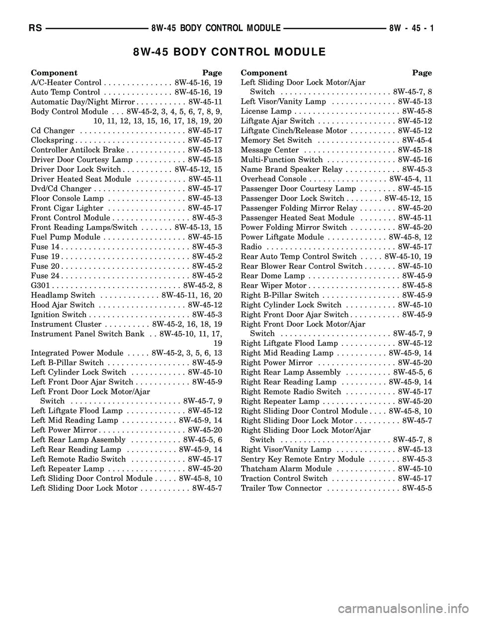 DODGE TOWN AND COUNTRY 2004  Service Manual 8W-45 BODY CONTROL MODULE
Component Page
A/C-Heater Control............... 8W-45-16, 19
Auto Temp Control............... 8W-45-16, 19
Automatic Day/Night Mirror........... 8W-45-11
Body Control Module