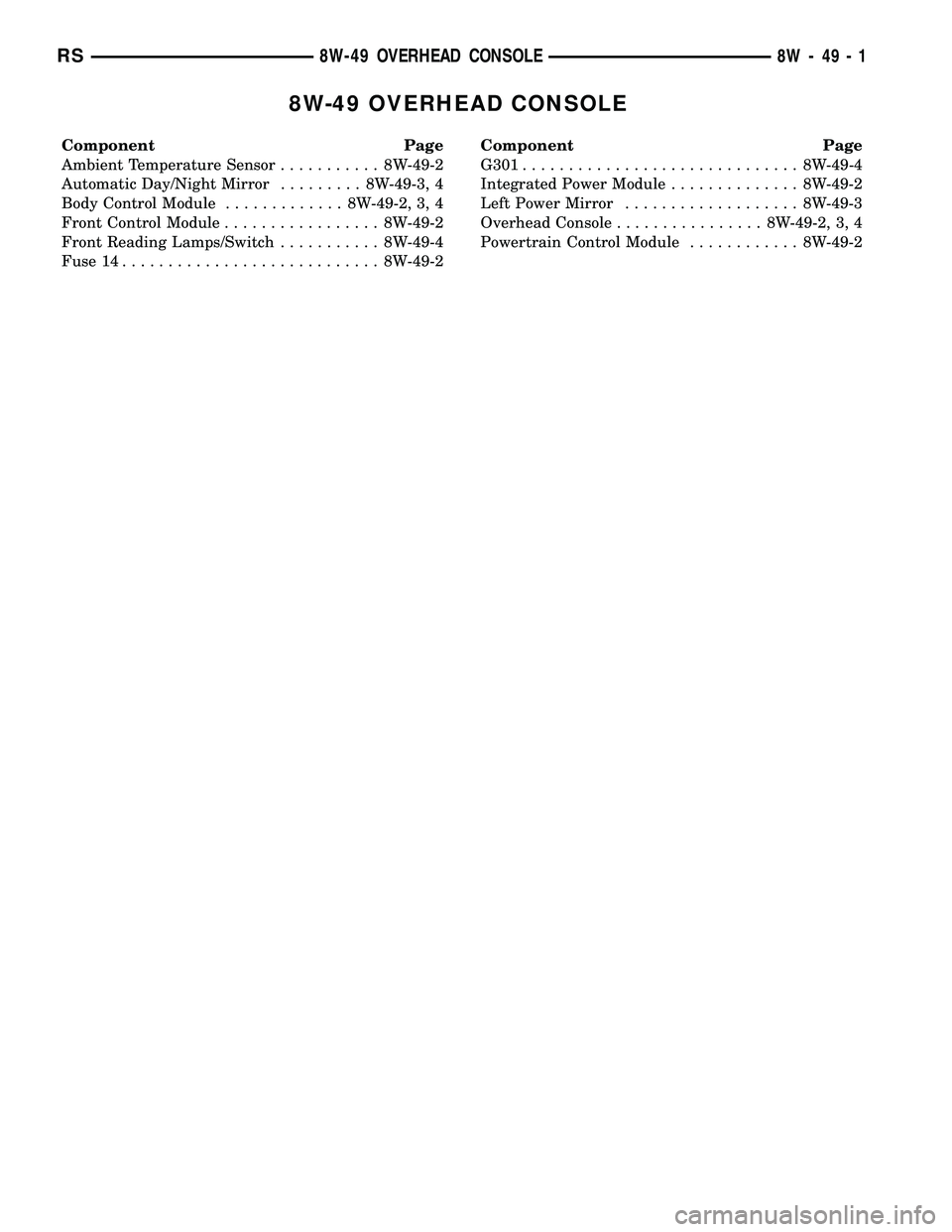 DODGE TOWN AND COUNTRY 2004 Service Manual 8W-49 OVERHEAD CONSOLE
Component Page
Ambient Temperature Sensor........... 8W-49-2
Automatic Day/Night Mirror......... 8W-49-3, 4
Body Control Module............. 8W-49-2, 3, 4
Front Control Module.. DODGE TOWN AND COUNTRY 2004 Service Manual 8W-49 OVERHEAD CONSOLE
Component Page
Ambient Temperature Sensor........... 8W-49-2
Automatic Day/Night Mirror......... 8W-49-3, 4
Body Control Module............. 8W-49-2, 3, 4
Front Control Module..
