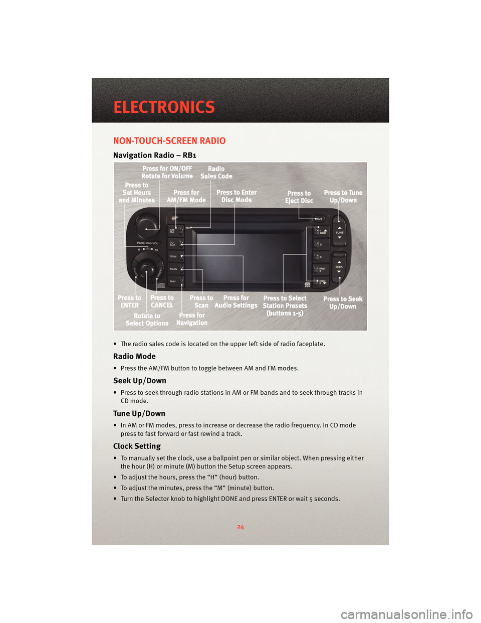 DODGE VIPER 2010 ZB II / 2.G Owners Manual NON-TOUCH-SCREEN RADIO
Navigation Radio – RB1
• The radio sales code is located on the upper left side of radio faceplate.
Radio Mode
• Press the AM/FM button to toggle between AM and FM modes.
DODGE VIPER 2010 ZB II / 2.G Owners Manual NON-TOUCH-SCREEN RADIO
Navigation Radio – RB1
• The radio sales code is located on the upper left side of radio faceplate.
Radio Mode
• Press the AM/FM button to toggle between AM and FM modes.