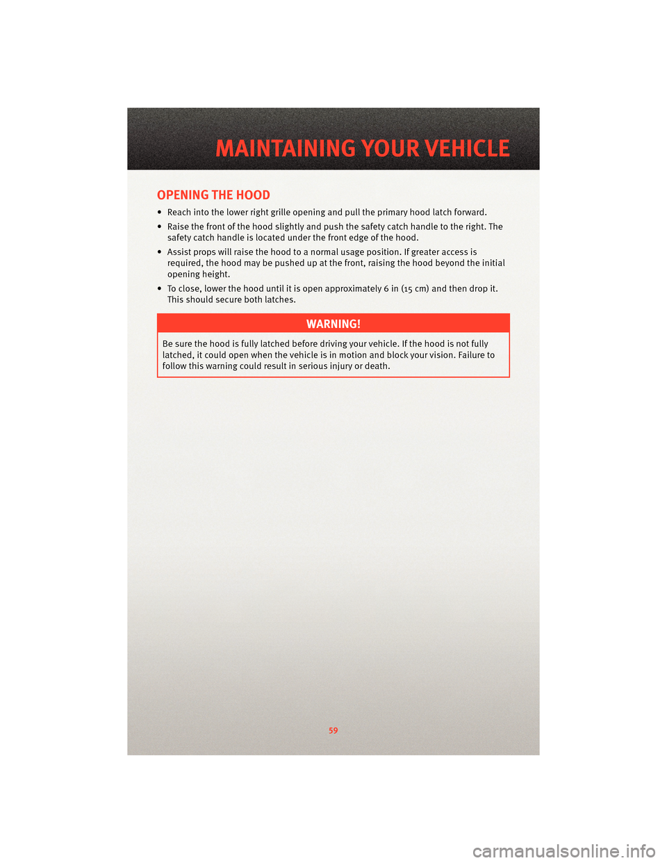 DODGE VIPER 2010 ZB II / 2.G User Guide OPENING THE HOOD
• Reach into the lower right grille opening and pull the primary hood latch forward.
• Raise the front of the hood slightly and push the safety catch handle to the right. Thesafet DODGE VIPER 2010 ZB II / 2.G User Guide OPENING THE HOOD
• Reach into the lower right grille opening and pull the primary hood latch forward.
• Raise the front of the hood slightly and push the safety catch handle to the right. Thesafet
