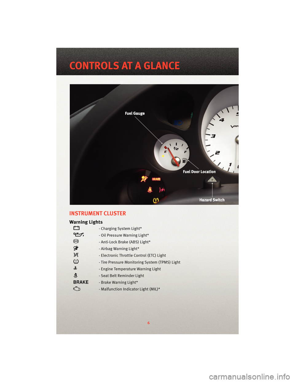 DODGE VIPER 2010 ZB II / 2.G User Guide INSTRUMENT CLUSTER
Warning Lights
- Charging System Light*
- Oil Pressure Warning Light*
- Anti-Lock Brake (ABS) Light*
- Airbag Warning Light*
- Electronic Throttle Control (ETC) Light
- Tire Pressur