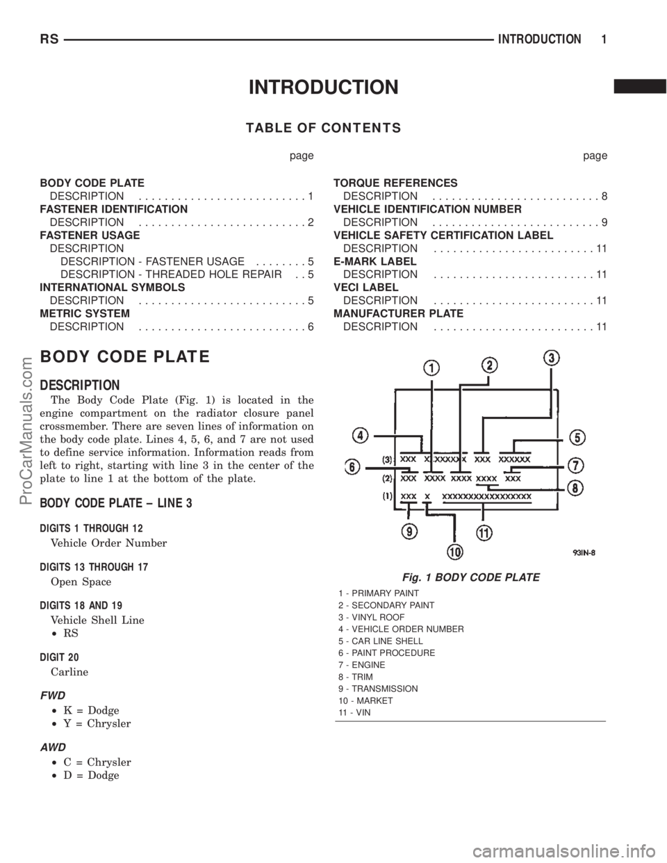 DODGE TOWN AND COUNTRY 2002  Service Manual INTRODUCTION
TABLE OF CONTENTS
page page
BODY CODE PLATE
DESCRIPTION..........................1
FASTENER IDENTIFICATION
DESCRIPTION..........................2
FASTENER USAGE
DESCRIPTION
DESCRIPTION - 