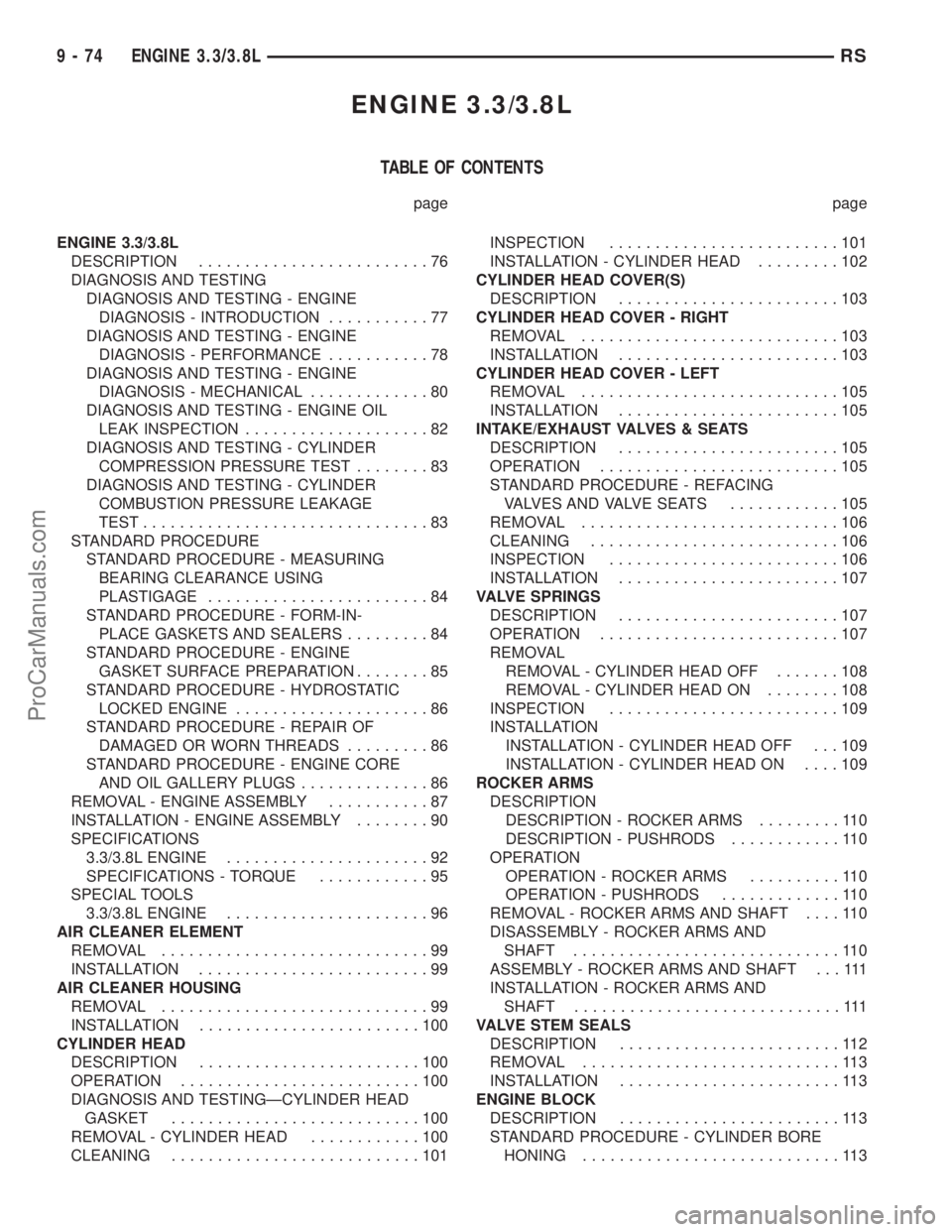 DODGE TOWN AND COUNTRY 2002 Service Manual ENGINE 3.3/3.8L
TABLE OF CONTENTS
page page
ENGINE 3.3/3.8L
DESCRIPTION.........................76
DIAGNOSIS AND TESTING
DIAGNOSIS AND TESTING - ENGINE
DIAGNOSIS - INTRODUCTION...........77
DIAGNOSIS DODGE TOWN AND COUNTRY 2002 Service Manual ENGINE 3.3/3.8L
TABLE OF CONTENTS
page page
ENGINE 3.3/3.8L
DESCRIPTION.........................76
DIAGNOSIS AND TESTING
DIAGNOSIS AND TESTING - ENGINE
DIAGNOSIS - INTRODUCTION...........77
DIAGNOSIS