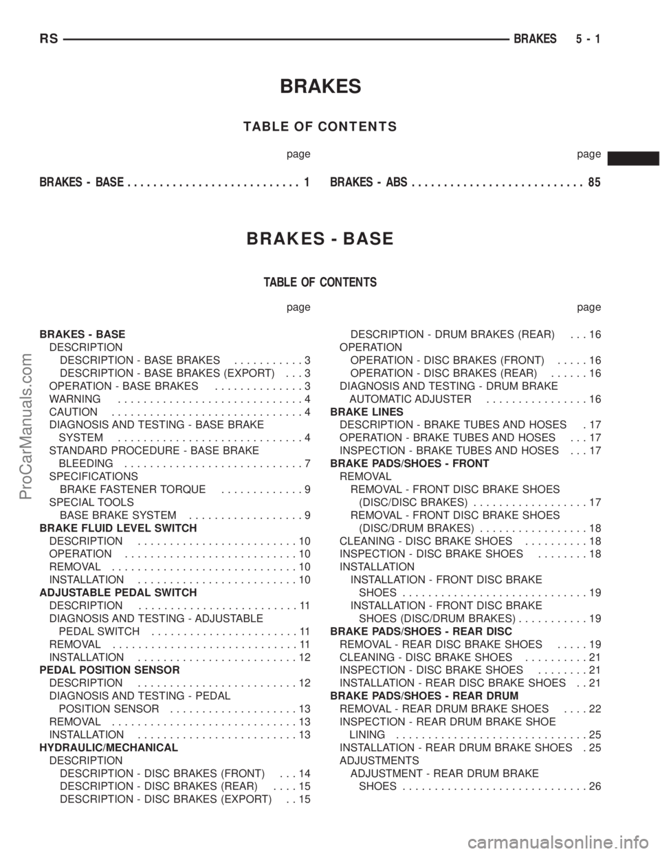 DODGE TOWN AND COUNTRY 2002 User Guide BRAKES
TABLE OF CONTENTS
page page
BRAKES - BASE........................... 1BRAKES - ABS........................... 85
BRAKES - BASE
TABLE OF CONTENTS
page page
BRAKES - BASE
DESCRIPTION
DESCRIPTION DODGE TOWN AND COUNTRY 2002 User Guide BRAKES
TABLE OF CONTENTS
page page
BRAKES - BASE........................... 1BRAKES - ABS........................... 85
BRAKES - BASE
TABLE OF CONTENTS
page page
BRAKES - BASE
DESCRIPTION
DESCRIPTION