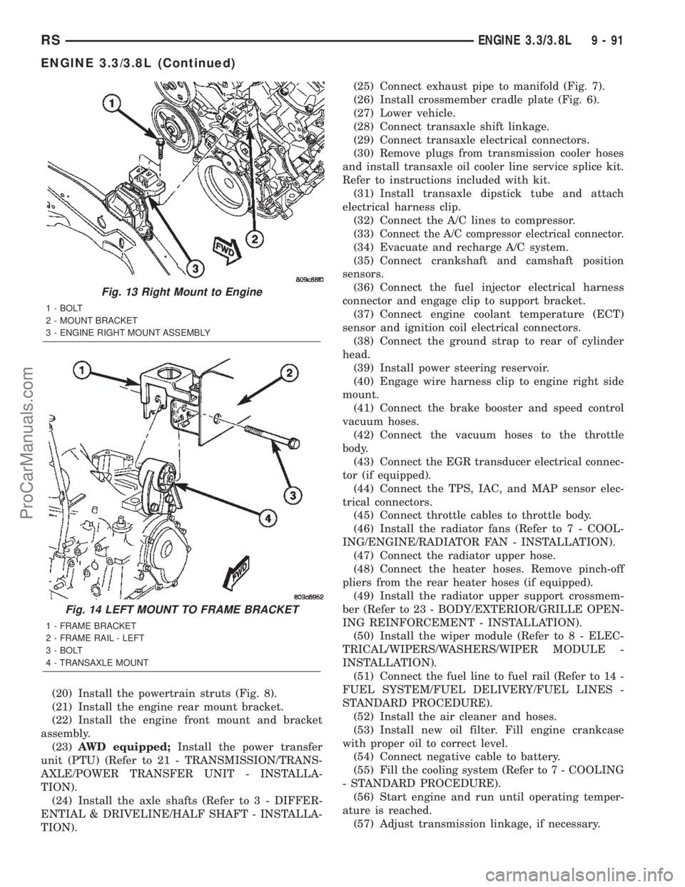 DODGE TOWN AND COUNTRY 2002 Service Manual (20) Install the powertrain struts (Fig. 8).
(21) Install the engine rear mount bracket.
(22) Install the engine front mount and bracket
assembly.
(23)AWD equipped;Install the power transfer
unit (PTU DODGE TOWN AND COUNTRY 2002 Service Manual (20) Install the powertrain struts (Fig. 8).
(21) Install the engine rear mount bracket.
(22) Install the engine front mount and bracket
assembly.
(23)AWD equipped;Install the power transfer
unit (PTU