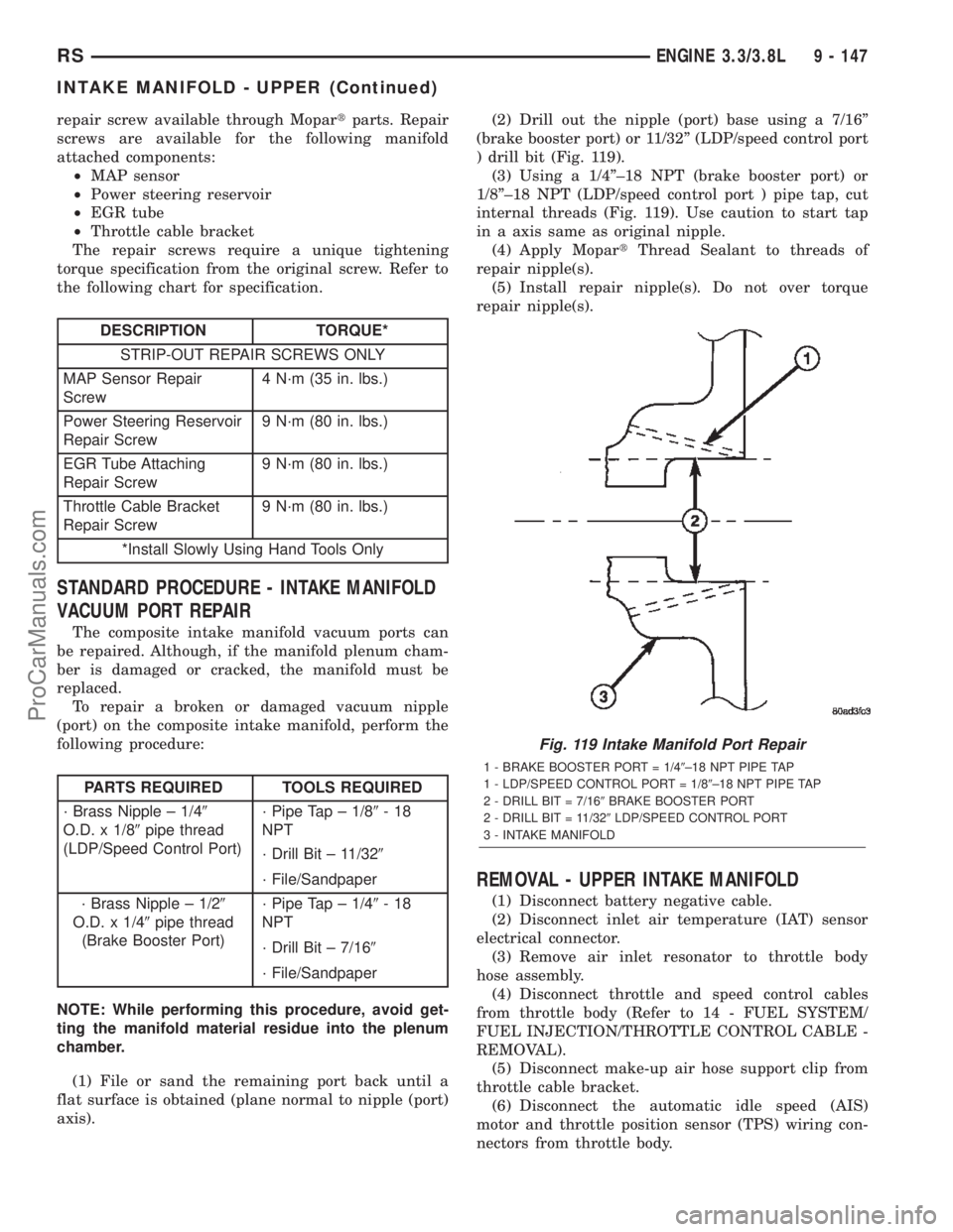 DODGE TOWN AND COUNTRY 2002 Service Manual repair screw available through Mopartparts. Repair
screws are available for the following manifold
attached components:
²MAP sensor
²Power steering reservoir
²EGR tube
²Throttle cable bracket
The DODGE TOWN AND COUNTRY 2002 Service Manual repair screw available through Mopartparts. Repair
screws are available for the following manifold
attached components:
²MAP sensor
²Power steering reservoir
²EGR tube
²Throttle cable bracket
The