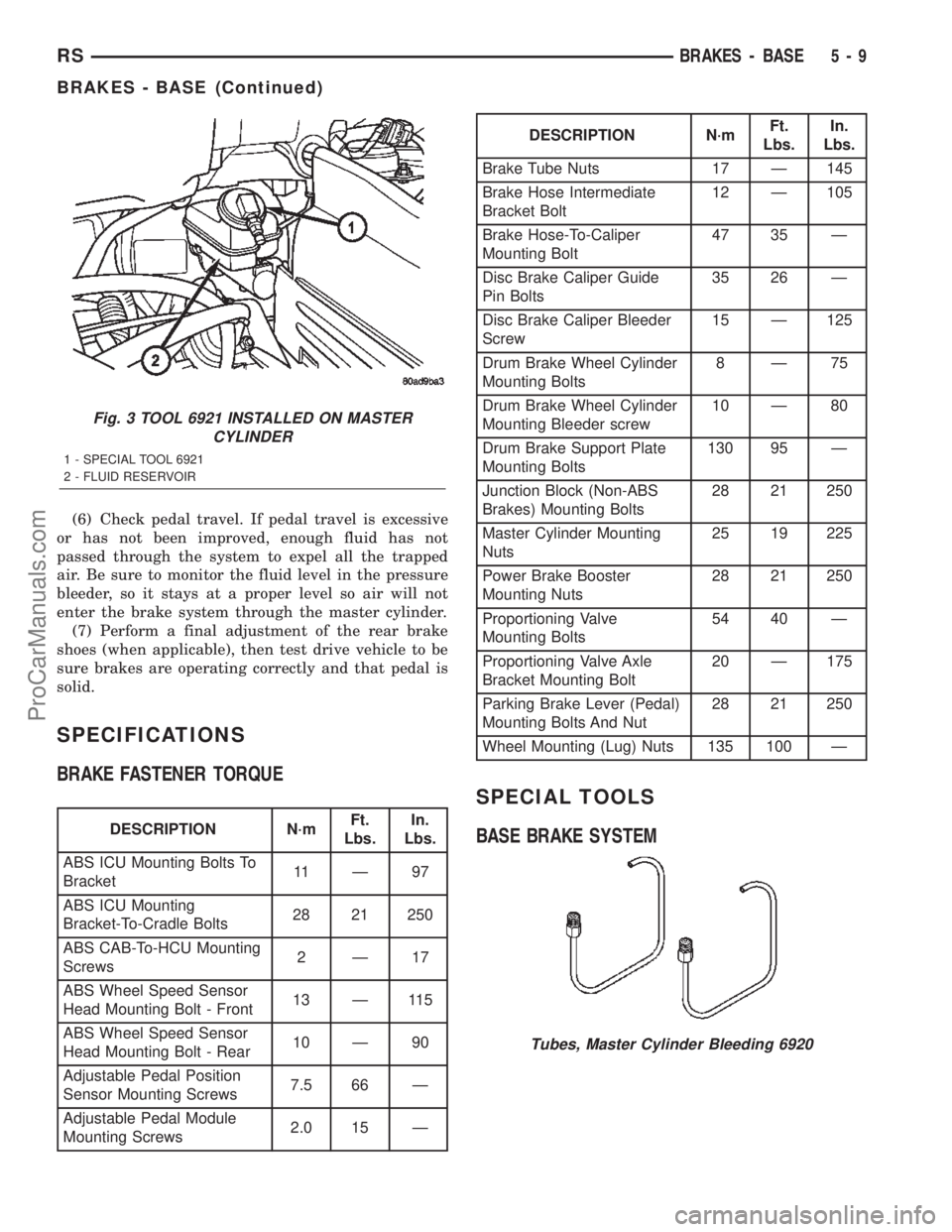 DODGE TOWN AND COUNTRY 2002 User Guide (6) Check pedal travel. If pedal travel is excessive
or has not been improved, enough fluid has not
passed through the system to expel all the trapped
air. Be sure to monitor the fluid level in the pr DODGE TOWN AND COUNTRY 2002 User Guide (6) Check pedal travel. If pedal travel is excessive
or has not been improved, enough fluid has not
passed through the system to expel all the trapped
air. Be sure to monitor the fluid level in the pr