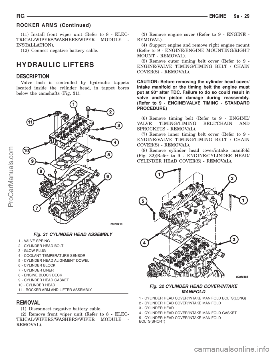 DODGE TOWN AND COUNTRY 2002 Service Manual (11) Install front wiper unit (Refer to 8 - ELEC-
TRICAL/WIPERS/WASHERS/WIPER MODULE -
INSTALLATION).
(12) Connect negative battery cable.
HYDRAULIC LIFTERS
DESCRIPTION
Valve lash is controlled by hyd DODGE TOWN AND COUNTRY 2002 Service Manual (11) Install front wiper unit (Refer to 8 - ELEC-
TRICAL/WIPERS/WASHERS/WIPER MODULE -
INSTALLATION).
(12) Connect negative battery cable.
HYDRAULIC LIFTERS
DESCRIPTION
Valve lash is controlled by hyd