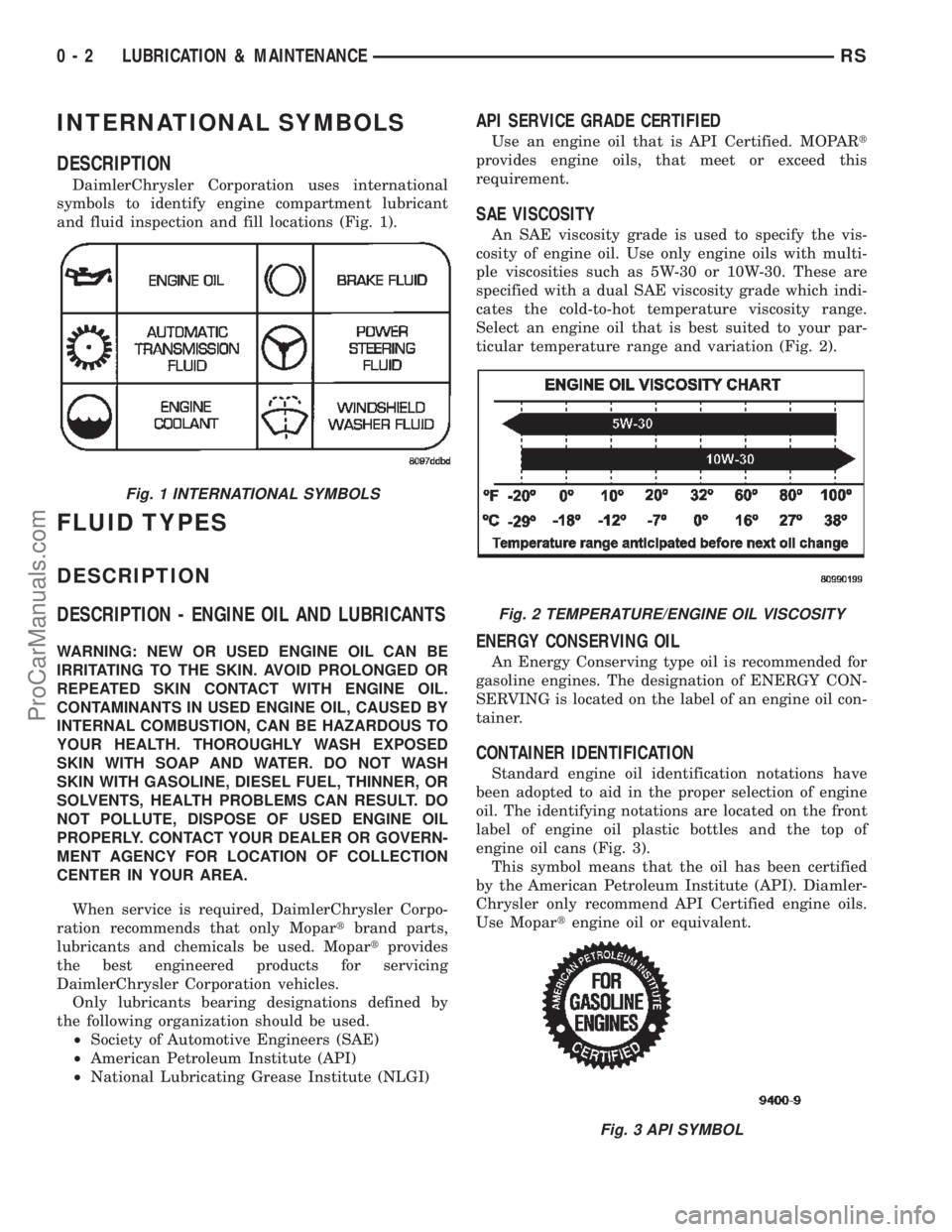 DODGE TOWN AND COUNTRY 2002  Service Manual INTERNATIONAL SYMBOLS
DESCRIPTION
DaimlerChrysler Corporation uses international
symbols to identify engine compartment lubricant
and fluid inspection and fill locations (Fig. 1).
FLUID TYPES
DESCRIPT