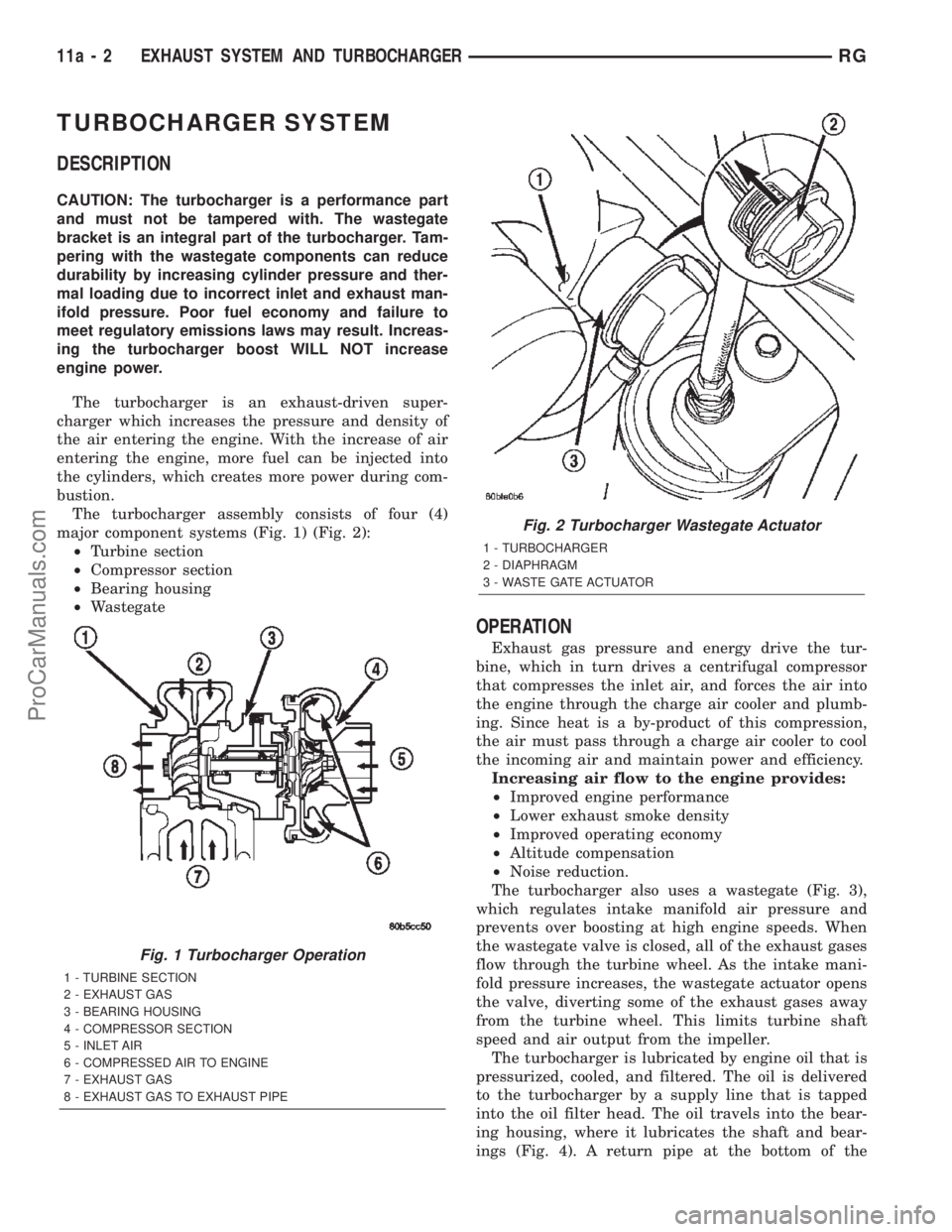 DODGE TOWN AND COUNTRY 2002 User Guide TURBOCHARGER SYSTEM
DESCRIPTION
CAUTION: The turbocharger is a performance part
and must not be tampered with. The wastegate
bracket is an integral part of the turbocharger. Tam-
pering with the waste DODGE TOWN AND COUNTRY 2002 User Guide TURBOCHARGER SYSTEM
DESCRIPTION
CAUTION: The turbocharger is a performance part
and must not be tampered with. The wastegate
bracket is an integral part of the turbocharger. Tam-
pering with the waste