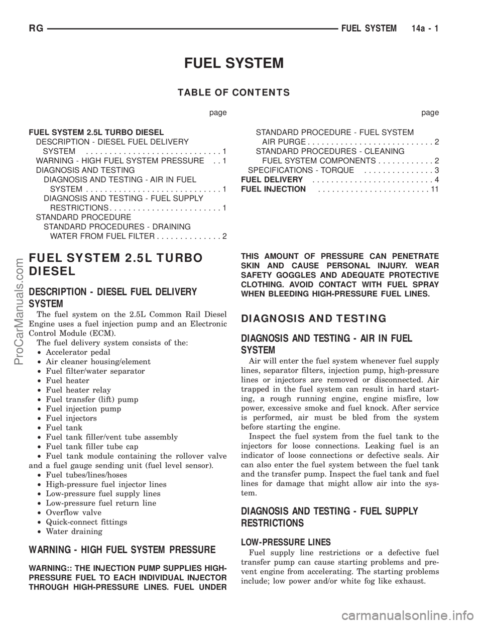 DODGE TOWN AND COUNTRY 2002 Service Manual FUEL SYSTEM
TABLE OF CONTENTS
page page
FUEL SYSTEM 2.5L TURBO DIESEL
DESCRIPTION - DIESEL FUEL DELIVERY
SYSTEM.............................1
WARNING - HIGH FUEL SYSTEM PRESSURE . . 1
DIAGNOSIS AND TE DODGE TOWN AND COUNTRY 2002 Service Manual FUEL SYSTEM
TABLE OF CONTENTS
page page
FUEL SYSTEM 2.5L TURBO DIESEL
DESCRIPTION - DIESEL FUEL DELIVERY
SYSTEM.............................1
WARNING - HIGH FUEL SYSTEM PRESSURE . . 1
DIAGNOSIS AND TE