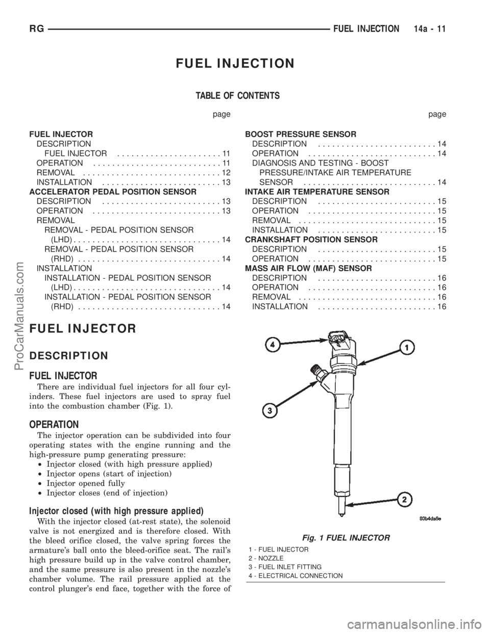 DODGE TOWN AND COUNTRY 2002 Service Manual FUEL INJECTION
TABLE OF CONTENTS
page page
FUEL INJECTOR
DESCRIPTION
FUEL INJECTOR......................11
OPERATION...........................11
REMOVAL.............................12
INSTALLATION... DODGE TOWN AND COUNTRY 2002 Service Manual FUEL INJECTION
TABLE OF CONTENTS
page page
FUEL INJECTOR
DESCRIPTION
FUEL INJECTOR......................11
OPERATION...........................11
REMOVAL.............................12
INSTALLATION...