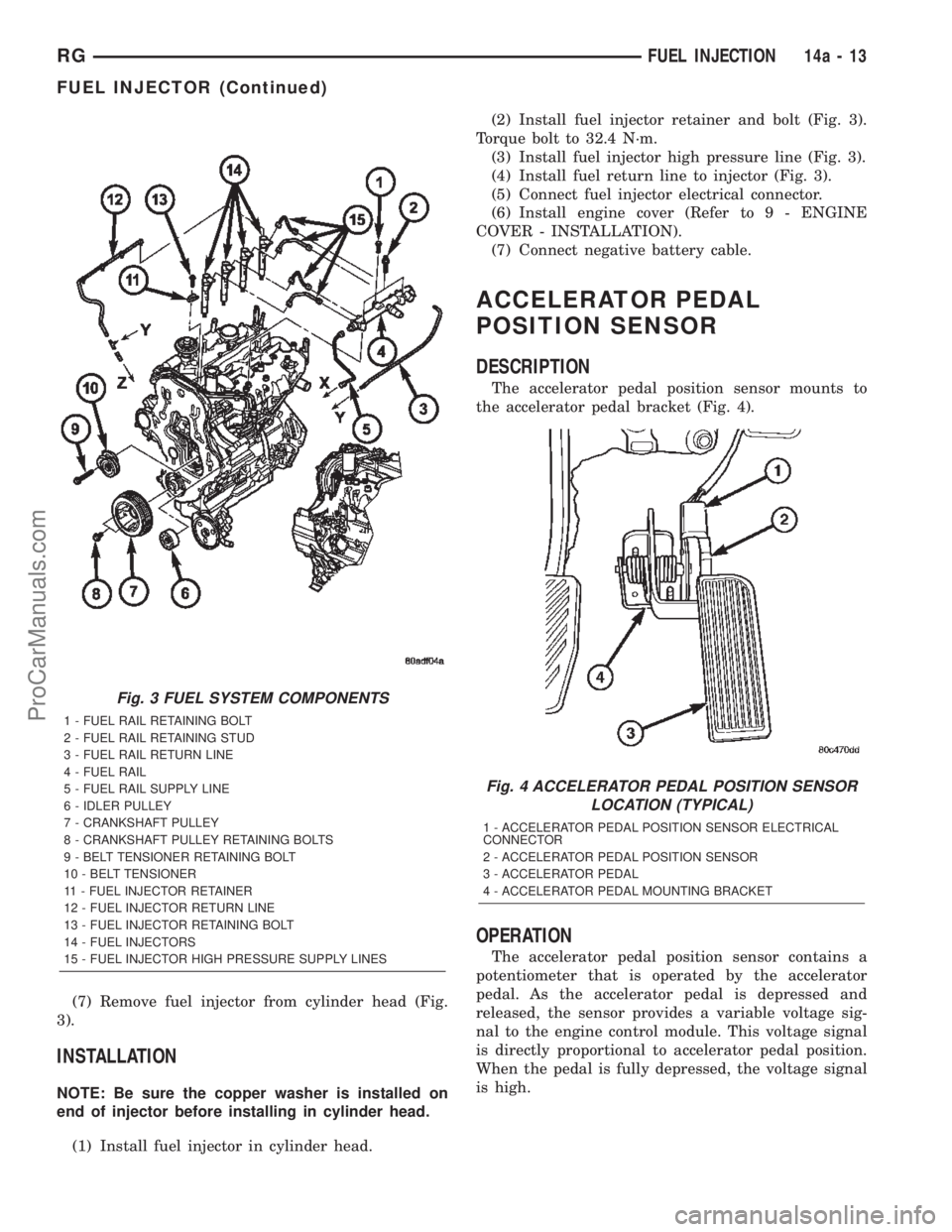 DODGE TOWN AND COUNTRY 2002 Service Manual (7) Remove fuel injector from cylinder head (Fig.
3).
INSTALLATION
NOTE: Be sure the copper washer is installed on
end of injector before installing in cylinder head.
(1) Install fuel injector in cyli DODGE TOWN AND COUNTRY 2002 Service Manual (7) Remove fuel injector from cylinder head (Fig.
3).
INSTALLATION
NOTE: Be sure the copper washer is installed on
end of injector before installing in cylinder head.
(1) Install fuel injector in cyli
