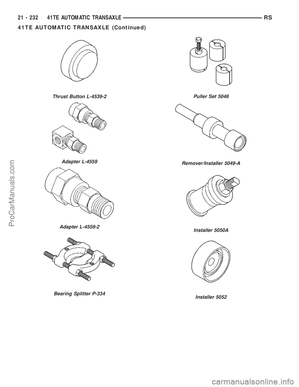 DODGE TOWN AND COUNTRY 2002  Service Manual Thrust Button L-4539-2
Adapter L-4559
Adapter L-4559-2
Bearing Splitter P-334
Puller Set 5048
Remover/Installer 5049-A
Installer 5050A
Installer 5052
21 - 232 41TE AUTOMATIC TRANSAXLERS
41TE AUTOMATIC