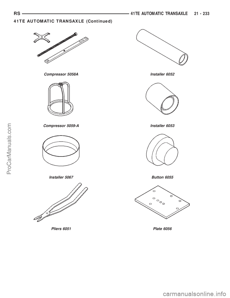 DODGE TOWN AND COUNTRY 2002  Service Manual Compressor 5058A
Compressor 5059-A
Installer 5067
Pliers 6051
Installer 6052
Installer 6053
Button 6055
Plate 6056
RS41TE AUTOMATIC TRANSAXLE21 - 233
41TE AUTOMATIC TRANSAXLE (Continued)
ProCarManuals