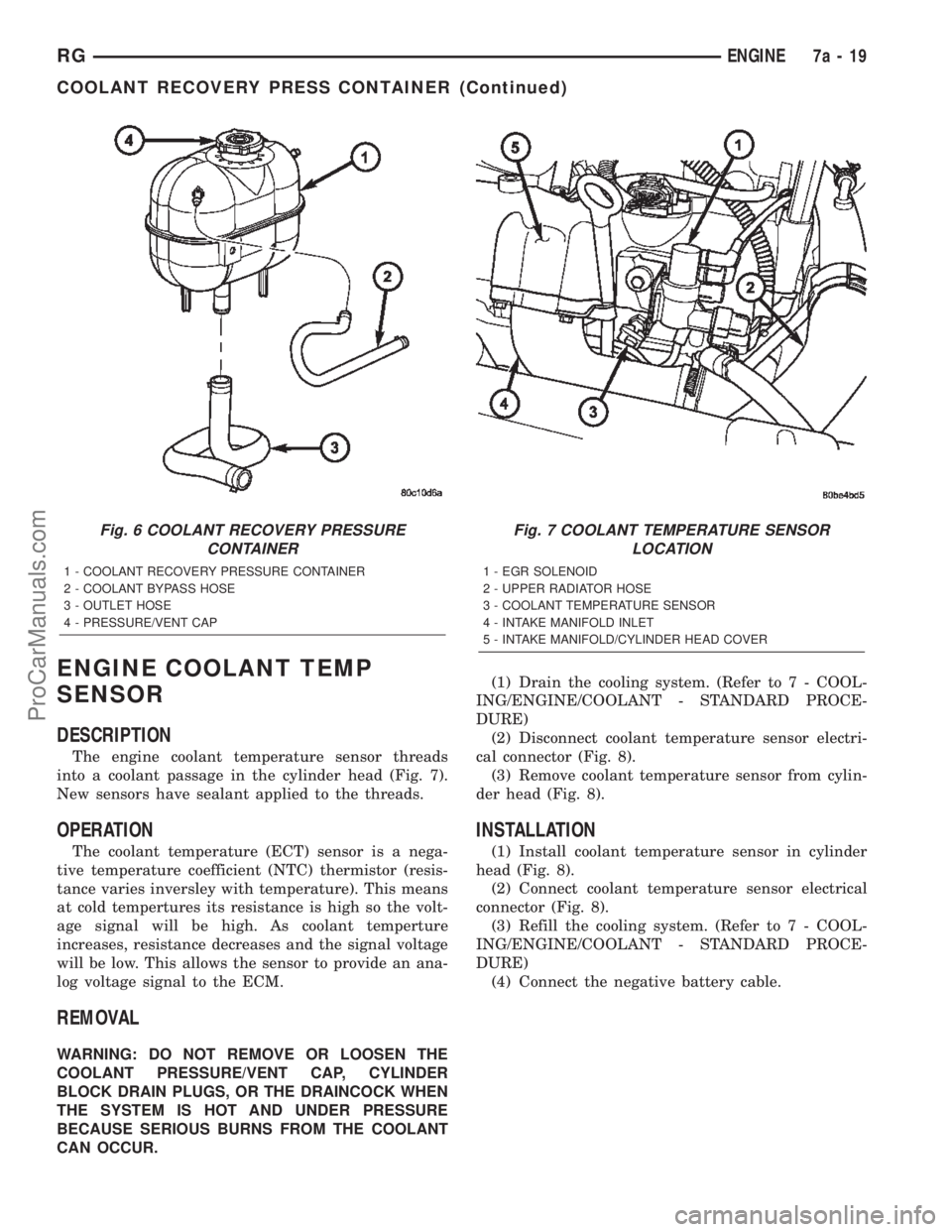 DODGE TOWN AND COUNTRY 2002 Workshop Manual ENGINE COOLANT TEMP
SENSOR
DESCRIPTION
The engine coolant temperature sensor threads
into a coolant passage in the cylinder head (Fig. 7).
New sensors have sealant applied to the threads.
OPERATION
Th DODGE TOWN AND COUNTRY 2002 Workshop Manual ENGINE COOLANT TEMP
SENSOR
DESCRIPTION
The engine coolant temperature sensor threads
into a coolant passage in the cylinder head (Fig. 7).
New sensors have sealant applied to the threads.
OPERATION
Th