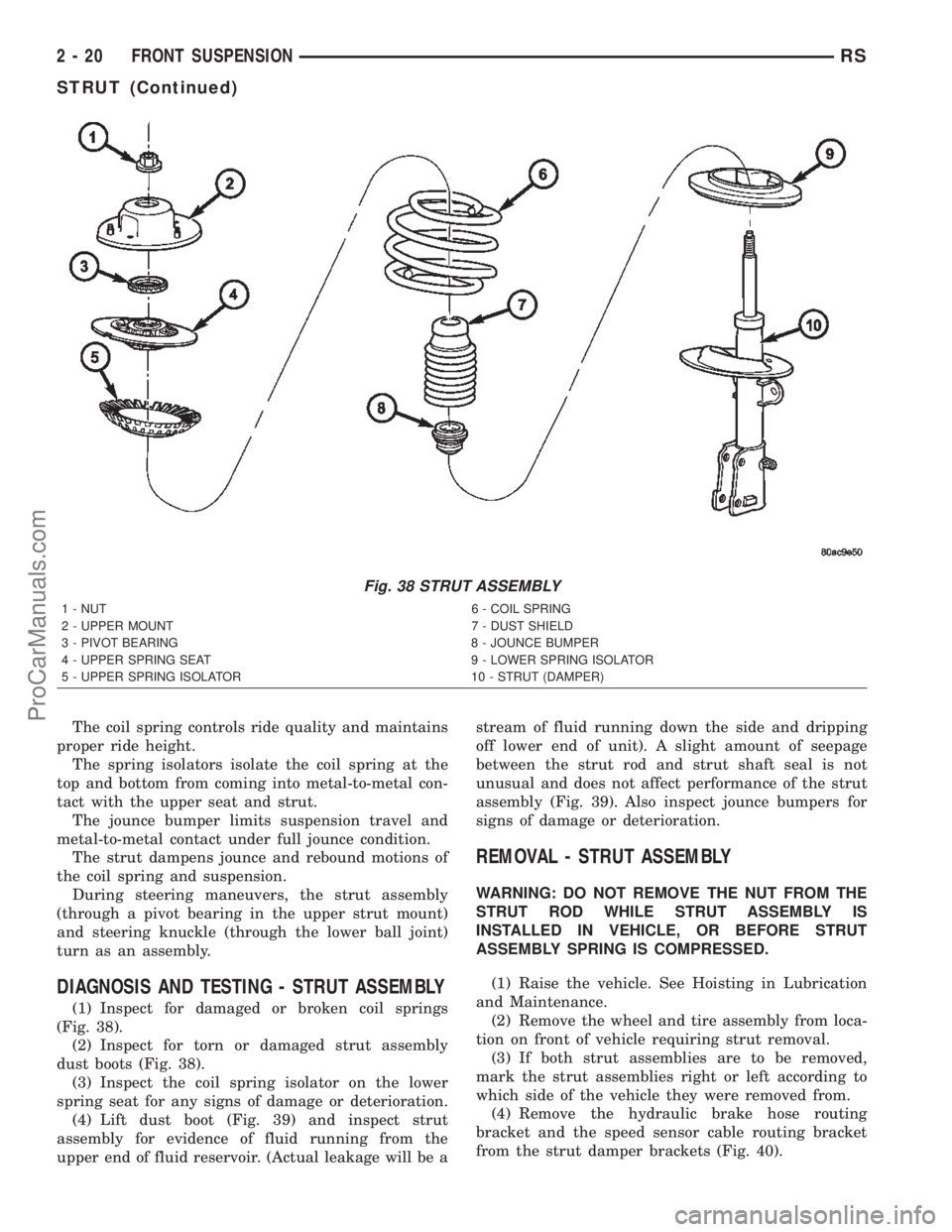 DODGE TOWN AND COUNTRY 2002 Workshop Manual The coil spring controls ride quality and maintains
proper ride height.
The spring isolators isolate the coil spring at the
top and bottom from coming into metal-to-metal con-
tact with the upper seat