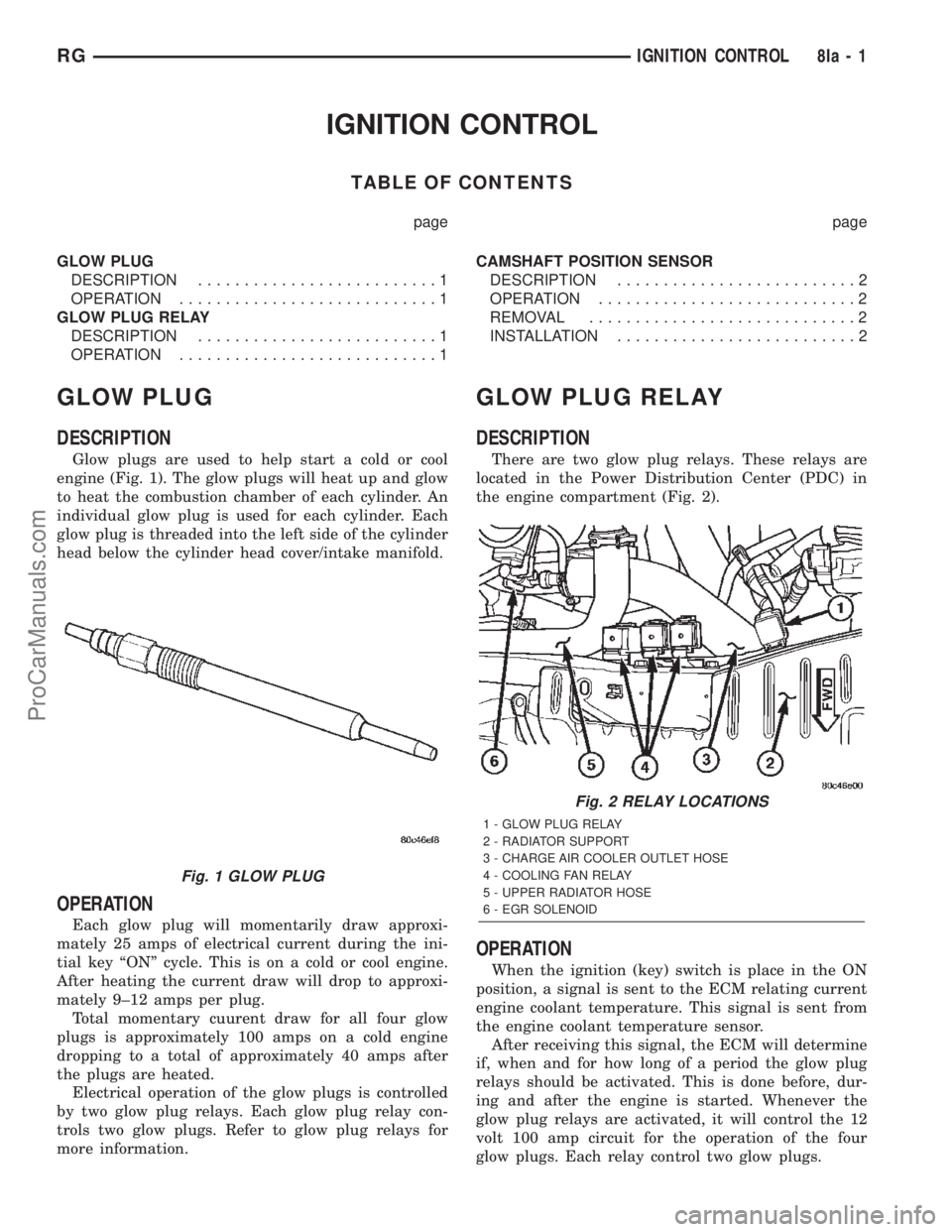 DODGE TOWN AND COUNTRY 2002 Service Manual IGNITION CONTROL
TABLE OF CONTENTS
page page
GLOW PLUG
DESCRIPTION..........................1
OPERATION............................1
GLOW PLUG RELAY
DESCRIPTION..........................1
OPERATION... DODGE TOWN AND COUNTRY 2002 Service Manual IGNITION CONTROL
TABLE OF CONTENTS
page page
GLOW PLUG
DESCRIPTION..........................1
OPERATION............................1
GLOW PLUG RELAY
DESCRIPTION..........................1
OPERATION...