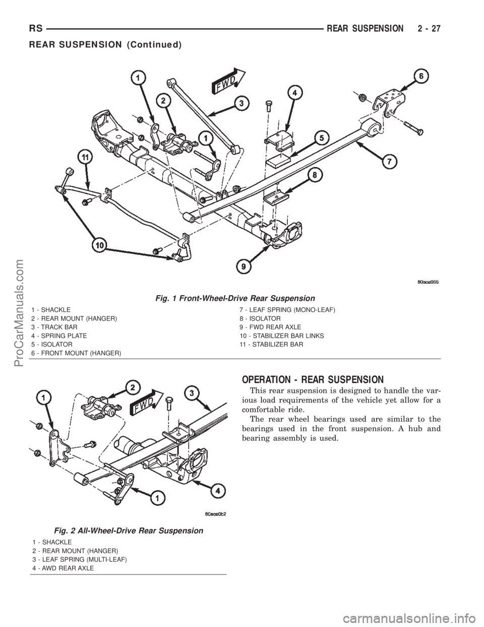DODGE TOWN AND COUNTRY 2002 Workshop Manual OPERATION - REAR SUSPENSION
This rear suspension is designed to handle the var-
ious load requirements of the vehicle yet allow for a
comfortable ride.
The rear wheel bearings used are similar to the
