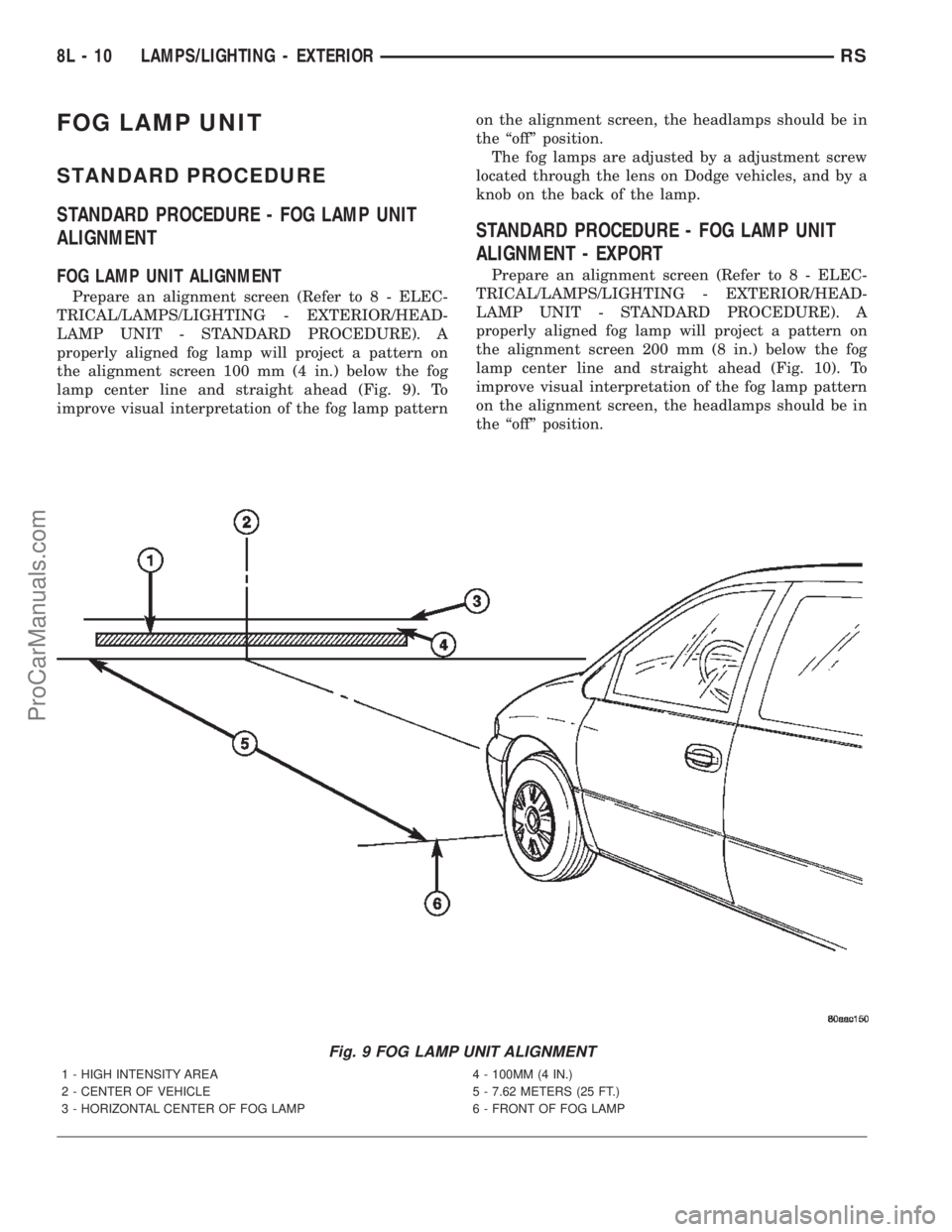 DODGE TOWN AND COUNTRY 2002 User Guide FOG LAMP UNIT
STANDARD PROCEDURE
STANDARD PROCEDURE - FOG LAMP UNIT
ALIGNMENT
FOG LAMP UNIT ALIGNMENT
Prepare an alignment screen (Refer to 8 - ELEC-
TRICAL/LAMPS/LIGHTING - EXTERIOR/HEAD-
LAMP UNIT - DODGE TOWN AND COUNTRY 2002 User Guide FOG LAMP UNIT
STANDARD PROCEDURE
STANDARD PROCEDURE - FOG LAMP UNIT
ALIGNMENT
FOG LAMP UNIT ALIGNMENT
Prepare an alignment screen (Refer to 8 - ELEC-
TRICAL/LAMPS/LIGHTING - EXTERIOR/HEAD-
LAMP UNIT -