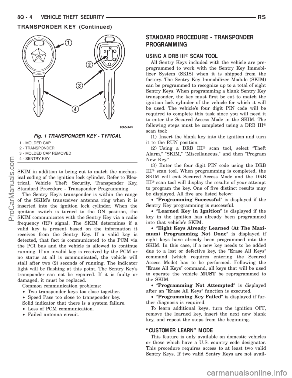 DODGE TOWN AND COUNTRY 2002  Service Manual SKIM in addition to being cut to match the mechan-
ical coding of the ignition lock cylinder. Refer to Elec-
trical, Vehicle Theft Security, Transponder Key,
Standard Procedure - Transponder Programmi