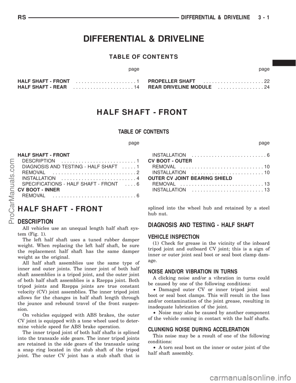 DODGE TOWN AND COUNTRY 2002 Service Manual DIFFERENTIAL & DRIVELINE
TABLE OF CONTENTS
page page
HALF SHAFT - FRONT.....................1
HALF SHAFT - REAR.....................14PROPELLER SHAFT.....................22
REAR DRIVELINE MODULE...... DODGE TOWN AND COUNTRY 2002 Service Manual DIFFERENTIAL & DRIVELINE
TABLE OF CONTENTS
page page
HALF SHAFT - FRONT.....................1
HALF SHAFT - REAR.....................14PROPELLER SHAFT.....................22
REAR DRIVELINE MODULE......