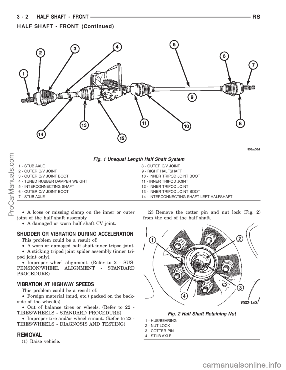DODGE TOWN AND COUNTRY 2002 Manual Online ²A loose or missing clamp on the inner or outer
joint of the half shaft assembly.
²A damaged or worn half shaft CV joint.
SHUDDER OR VIBRATION DURING ACCELERATION
This problem could be a result of:
DODGE TOWN AND COUNTRY 2002 Manual Online ²A loose or missing clamp on the inner or outer
joint of the half shaft assembly.
²A damaged or worn half shaft CV joint.
SHUDDER OR VIBRATION DURING ACCELERATION
This problem could be a result of: