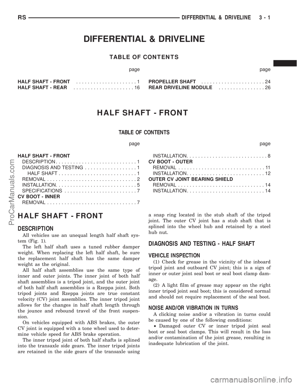 DODGE TOWN AND COUNTRY 2001 Service Manual DIFFERENTIAL & DRIVELINE
TABLE OF CONTENTS
page page
HALF SHAFT - FRONT.....................1
HALF SHAFT - REAR.....................16PROPELLER SHAFT......................24
REAR DRIVELINE MODULE..... DODGE TOWN AND COUNTRY 2001 Service Manual DIFFERENTIAL & DRIVELINE
TABLE OF CONTENTS
page page
HALF SHAFT - FRONT.....................1
HALF SHAFT - REAR.....................16PROPELLER SHAFT......................24
REAR DRIVELINE MODULE.....