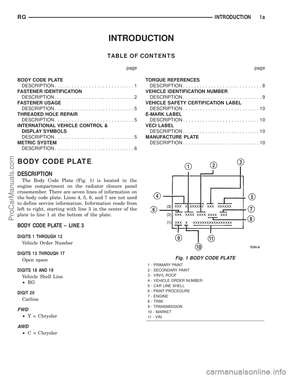 DODGE TOWN AND COUNTRY 2001 Service Manual INTRODUCTION
TABLE OF CONTENTS
page page
BODY CODE PLATE
DESCRIPTION............................1
FASTENER IDENTIFICATION
DESCRIPTION............................2
FASTENER USAGE
DESCRIPTION........... DODGE TOWN AND COUNTRY 2001 Service Manual INTRODUCTION
TABLE OF CONTENTS
page page
BODY CODE PLATE
DESCRIPTION............................1
FASTENER IDENTIFICATION
DESCRIPTION............................2
FASTENER USAGE
DESCRIPTION...........