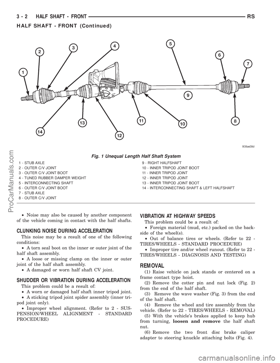 DODGE TOWN AND COUNTRY 2001 Service Manual ²Noise may also be caused by another component
of the vehicle coming in contact with the half shafts.
CLUNKING NOISE DURING ACCELERATION
This noise may be a result of one of the following
conditions: DODGE TOWN AND COUNTRY 2001 Service Manual ²Noise may also be caused by another component
of the vehicle coming in contact with the half shafts.
CLUNKING NOISE DURING ACCELERATION
This noise may be a result of one of the following
conditions: