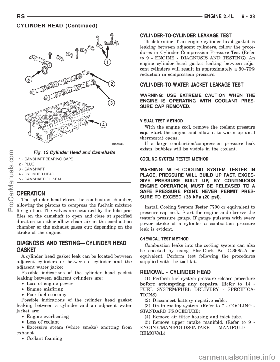DODGE TOWN AND COUNTRY 2001  Service Manual OPERATION
The cylinder head closes the combustion chamber,
allowing the pistons to compress the fuel/air mixture
for ignition. The valves are actuated by the lobe pro-
files on the camshaft to open an