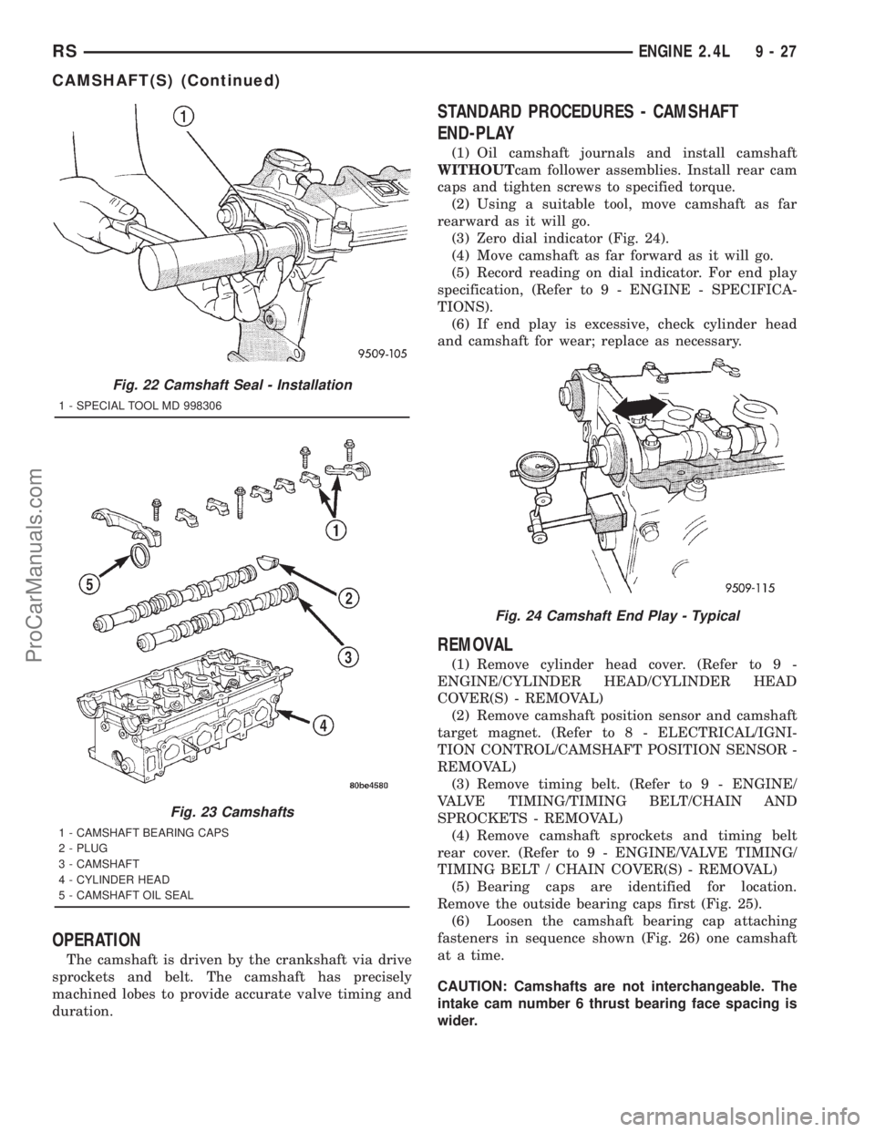DODGE TOWN AND COUNTRY 2001  Service Manual OPERATION
The camshaft is driven by the crankshaft via drive
sprockets and belt. The camshaft has precisely
machined lobes to provide accurate valve timing and
duration.
STANDARD PROCEDURES - CAMSHAFT
