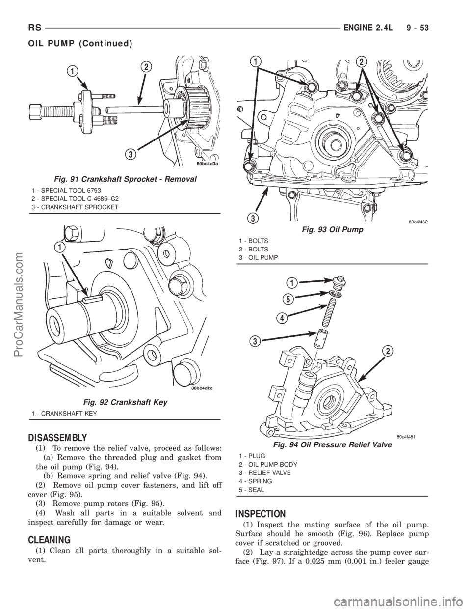 DODGE TOWN AND COUNTRY 2001 Service Manual DISASSEMBLY
(1) To remove the relief valve, proceed as follows:
(a) Remove the threaded plug and gasket from
the oil pump (Fig. 94).
(b) Remove spring and relief valve (Fig. 94).
(2) Remove oil pump c DODGE TOWN AND COUNTRY 2001 Service Manual DISASSEMBLY
(1) To remove the relief valve, proceed as follows:
(a) Remove the threaded plug and gasket from
the oil pump (Fig. 94).
(b) Remove spring and relief valve (Fig. 94).
(2) Remove oil pump c