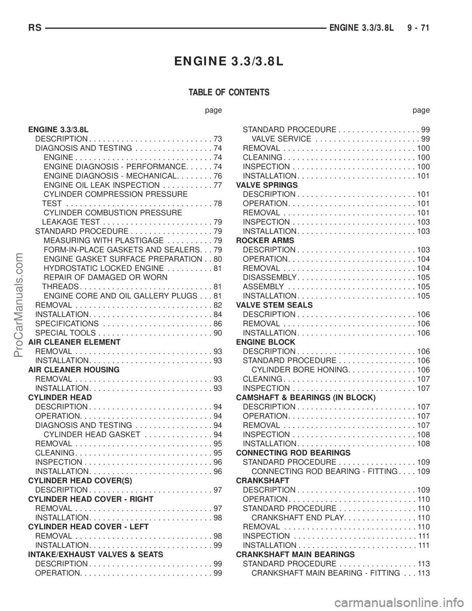 DODGE TOWN AND COUNTRY 2001 Service Manual ENGINE 3.3/3.8L
TABLE OF CONTENTS
page page
ENGINE 3.3/3.8L
DESCRIPTION...........................73
DIAGNOSIS AND TESTING.................74
ENGINE..............................74
ENGINE DIAGNOSIS - DODGE TOWN AND COUNTRY 2001 Service Manual ENGINE 3.3/3.8L
TABLE OF CONTENTS
page page
ENGINE 3.3/3.8L
DESCRIPTION...........................73
DIAGNOSIS AND TESTING.................74
ENGINE..............................74
ENGINE DIAGNOSIS -