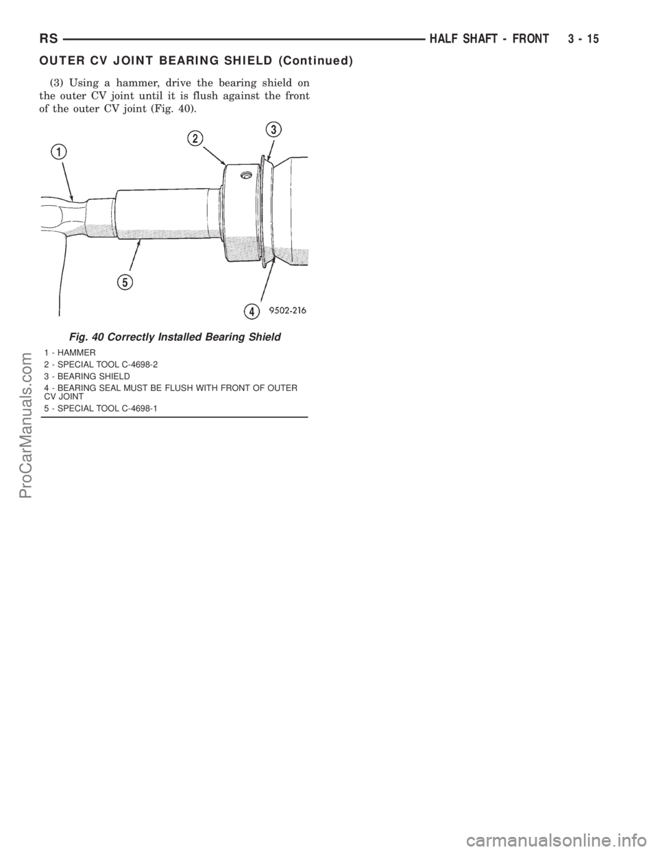 DODGE TOWN AND COUNTRY 2001 Service Manual (3) Using a hammer, drive the bearing shield on
the outer CV joint until it is flush against the front
of the outer CV joint (Fig. 40).
Fig. 40 Correctly Installed Bearing Shield
1 - HAMMER
2 - SPECIA DODGE TOWN AND COUNTRY 2001 Service Manual (3) Using a hammer, drive the bearing shield on
the outer CV joint until it is flush against the front
of the outer CV joint (Fig. 40).
Fig. 40 Correctly Installed Bearing Shield
1 - HAMMER
2 - SPECIA