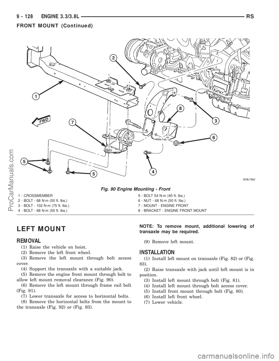 DODGE TOWN AND COUNTRY 2001 Service Manual LEFT MOUNT
REMOVAL
(1) Raise the vehicle on hoist.
(2) Remove the left front wheel.
(3) Remove the left mount through bolt access
cover.
(4) Support the transaxle with a suitable jack.
(5) Remove the DODGE TOWN AND COUNTRY 2001 Service Manual LEFT MOUNT
REMOVAL
(1) Raise the vehicle on hoist.
(2) Remove the left front wheel.
(3) Remove the left mount through bolt access
cover.
(4) Support the transaxle with a suitable jack.
(5) Remove the