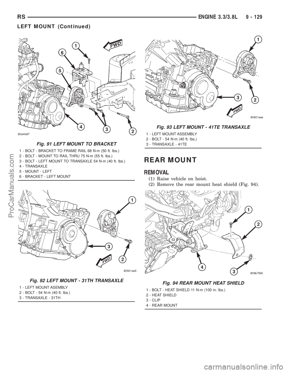 DODGE TOWN AND COUNTRY 2001 Service Manual REAR MOUNT
REMOVAL
(1) Raise vehicle on hoist.
(2) Remove the rear mount heat shield (Fig. 94).
Fig. 91 LEFT MOUNT TO BRACKET
1 - BOLT - BRACKET TO FRAME RAIL 68 N´m (50 ft. lbs.)
2 - BOLT - MOUNT TO DODGE TOWN AND COUNTRY 2001 Service Manual REAR MOUNT
REMOVAL
(1) Raise vehicle on hoist.
(2) Remove the rear mount heat shield (Fig. 94).
Fig. 91 LEFT MOUNT TO BRACKET
1 - BOLT - BRACKET TO FRAME RAIL 68 N´m (50 ft. lbs.)
2 - BOLT - MOUNT TO