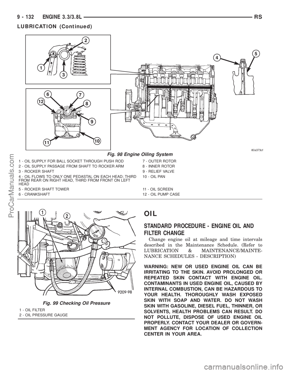 DODGE TOWN AND COUNTRY 2001 Service Manual OIL
STANDARD PROCEDURE - ENGINE OIL AND
FILTER CHANGE
Change engine oil at mileage and time intervals
described in the Maintenance Schedule. (Refer to
LUBRICATION & MAINTENANCE/MAINTE-
NANCE SCHEDULES DODGE TOWN AND COUNTRY 2001 Service Manual OIL
STANDARD PROCEDURE - ENGINE OIL AND
FILTER CHANGE
Change engine oil at mileage and time intervals
described in the Maintenance Schedule. (Refer to
LUBRICATION & MAINTENANCE/MAINTE-
NANCE SCHEDULES