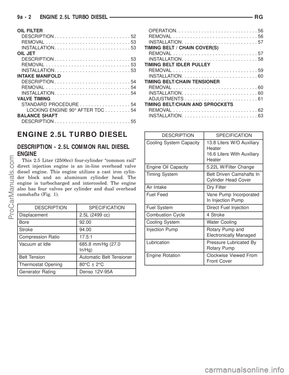 DODGE TOWN AND COUNTRY 2001 Service Manual OIL FILTER
DESCRIPTION...........................52
REMOVAL..............................53
INSTALLATION...........................53
OIL JET
DESCRIPTION...........................53
REMOVAL.......... DODGE TOWN AND COUNTRY 2001 Service Manual OIL FILTER
DESCRIPTION...........................52
REMOVAL..............................53
INSTALLATION...........................53
OIL JET
DESCRIPTION...........................53
REMOVAL..........
