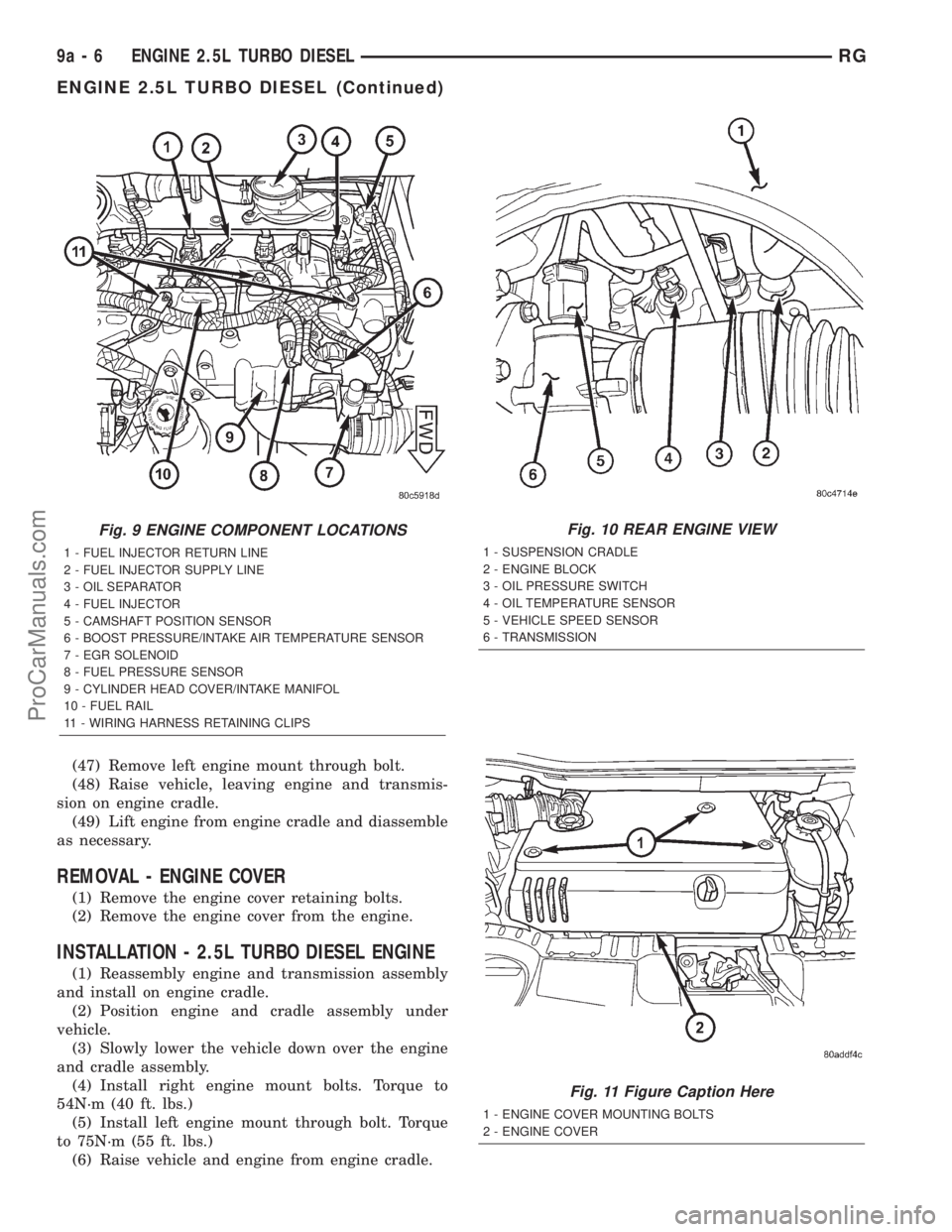 DODGE TOWN AND COUNTRY 2001 Service Manual (47) Remove left engine mount through bolt.
(48) Raise vehicle, leaving engine and transmis-
sion on engine cradle.
(49) Lift engine from engine cradle and diassemble
as necessary.
REMOVAL - ENGINE CO DODGE TOWN AND COUNTRY 2001 Service Manual (47) Remove left engine mount through bolt.
(48) Raise vehicle, leaving engine and transmis-
sion on engine cradle.
(49) Lift engine from engine cradle and diassemble
as necessary.
REMOVAL - ENGINE CO