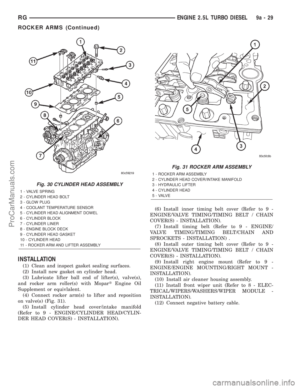 DODGE TOWN AND COUNTRY 2001  Service Manual INSTALLATION
(1) Clean and inspect gasket sealing surfaces.
(2) Install new gasket on cylinder head.
(3) Lubricate lifter ball end of lifter(s), valve(s),
and rocker arm roller(s) with MopartEngine Oi