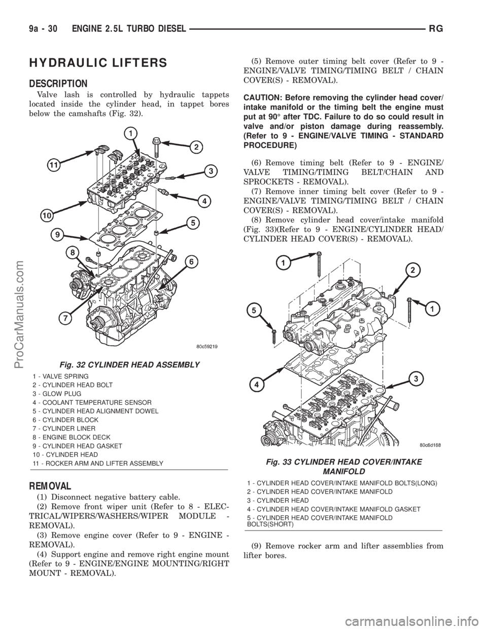 DODGE TOWN AND COUNTRY 2001  Service Manual HYDRAULIC LIFTERS
DESCRIPTION
Valve lash is controlled by hydraulic tappets
located inside the cylinder head, in tappet bores
below the camshafts (Fig. 32).
REMOVAL
(1) Disconnect negative battery cab