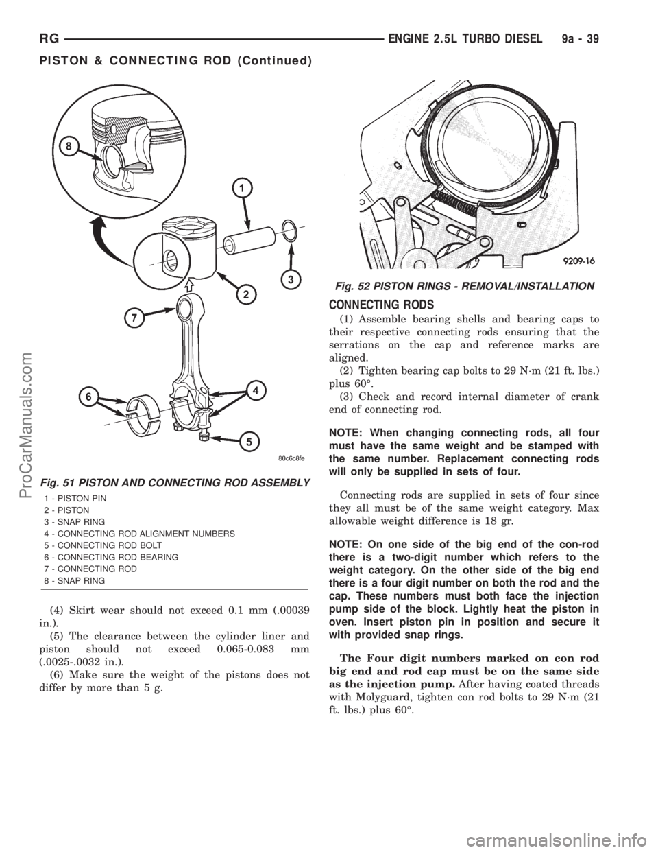 DODGE TOWN AND COUNTRY 2001  Service Manual (4) Skirt wear should not exceed 0.1 mm (.00039
in.).
(5) The clearance between the cylinder liner and
piston should not exceed 0.065-0.083 mm
(.0025-.0032 in.).
(6) Make sure the weight of the piston