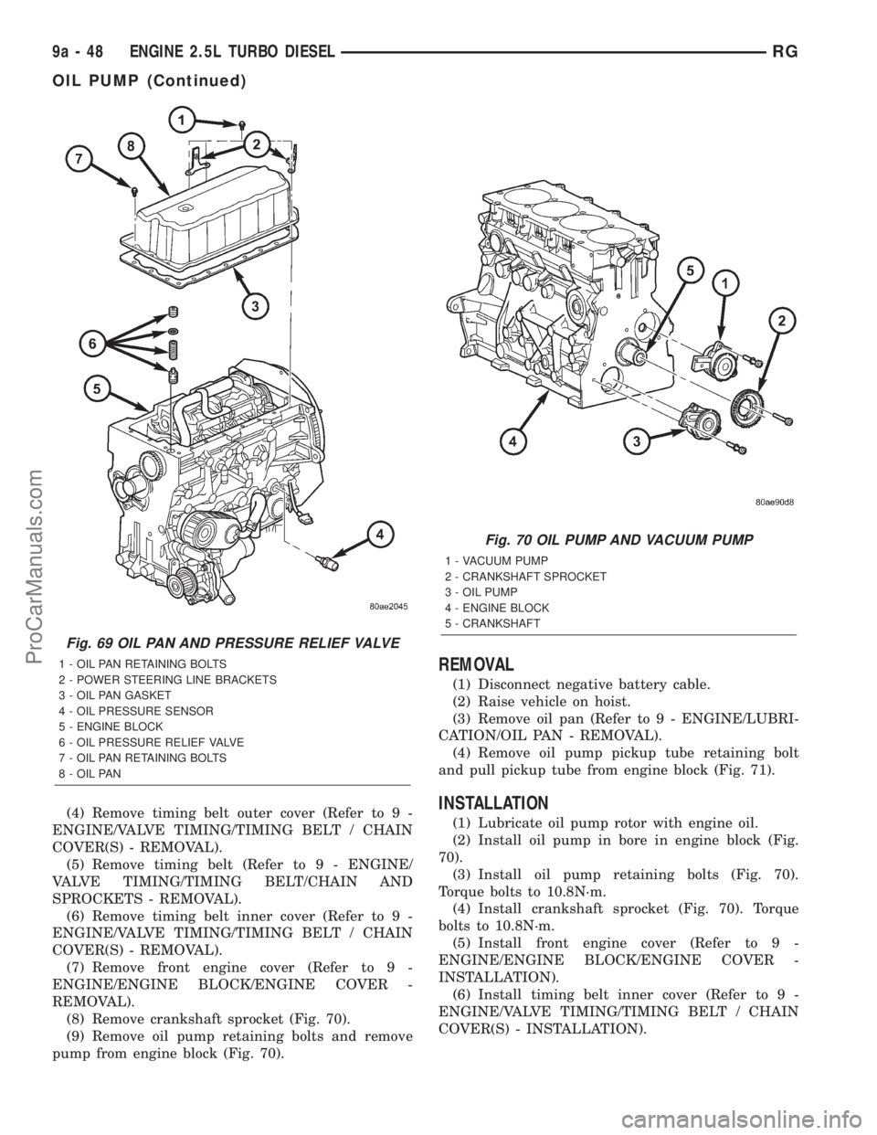 DODGE TOWN AND COUNTRY 2001  Service Manual (4) Remove timing belt outer cover (Refer to 9 -
ENGINE/VALVE TIMING/TIMING BELT / CHAIN
COVER(S) - REMOVAL).
(5) Remove timing belt (Refer to 9 - ENGINE/
VALVE TIMING/TIMING BELT/CHAIN AND
SPROCKETS 