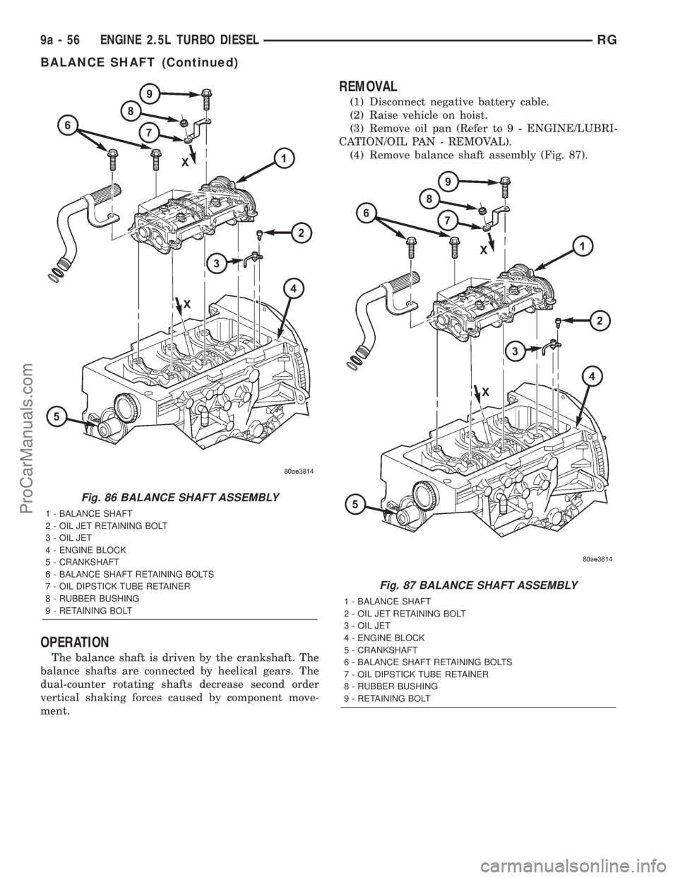 DODGE TOWN AND COUNTRY 2001  Service Manual OPERATION
The balance shaft is driven by the crankshaft. The
balance shafts are connected by heelical gears. The
dual-counter rotating shafts decrease second order
vertical shaking forces caused by co