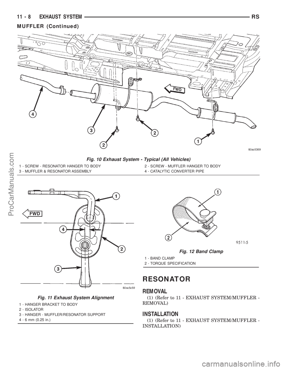 DODGE TOWN AND COUNTRY 2001 Service Manual RESONATOR
REMOVAL
(1) (Refer to 11 - EXHAUST SYSTEM/MUFFLER -
REMOVAL)
INSTALLATION
(1) (Refer to 11 - EXHAUST SYSTEM/MUFFLER -
INSTALLATION)
Fig. 10 Exhaust System - Typical (All Vehicles)
1 - SCREW DODGE TOWN AND COUNTRY 2001 Service Manual RESONATOR
REMOVAL
(1) (Refer to 11 - EXHAUST SYSTEM/MUFFLER -
REMOVAL)
INSTALLATION
(1) (Refer to 11 - EXHAUST SYSTEM/MUFFLER -
INSTALLATION)
Fig. 10 Exhaust System - Typical (All Vehicles)
1 - SCREW
