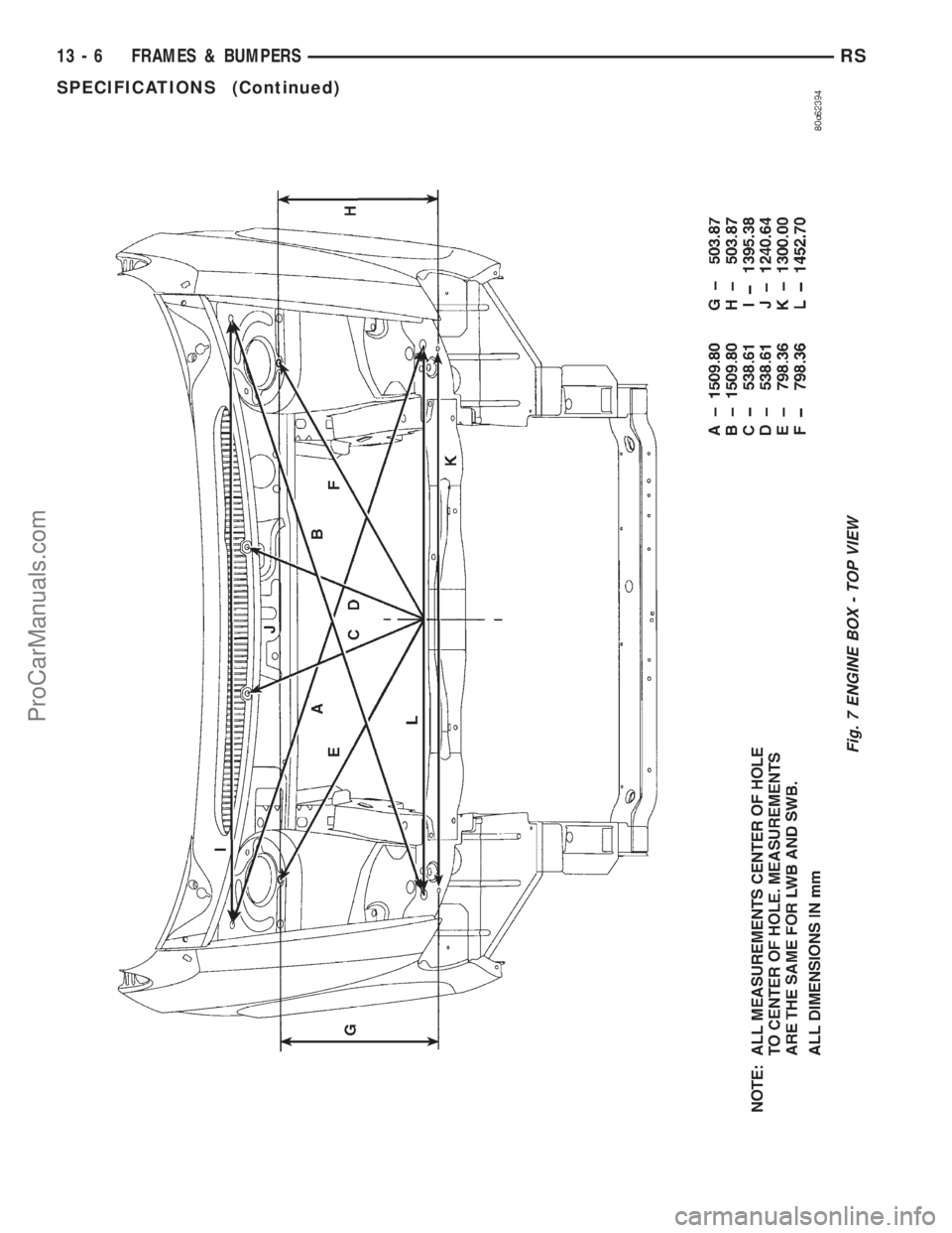 DODGE TOWN AND COUNTRY 2001 Service Manual Fig. 7 ENGINE BOX - TOP VIEW
13 - 6 FRAMES & BUMPERSRS
SPECIFICATIONS (Continued)
ProCarManuals.com DODGE TOWN AND COUNTRY 2001 Service Manual Fig. 7 ENGINE BOX - TOP VIEW
13 - 6 FRAMES & BUMPERSRS
SPECIFICATIONS (Continued)
ProCarManuals.com