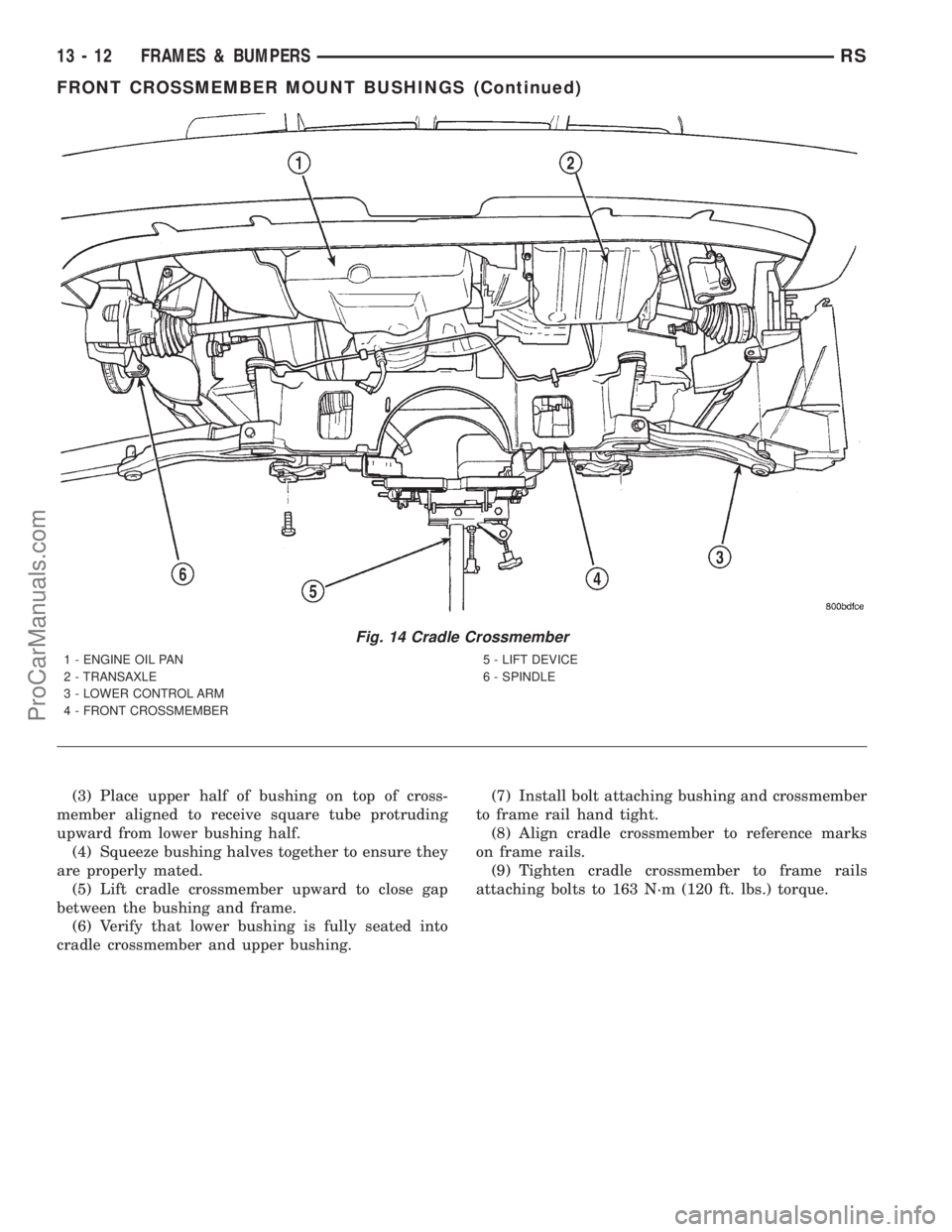 DODGE TOWN AND COUNTRY 2001 Service Manual (3) Place upper half of bushing on top of cross-
member aligned to receive square tube protruding
upward from lower bushing half.
(4) Squeeze bushing halves together to ensure they
are properly mated. DODGE TOWN AND COUNTRY 2001 Service Manual (3) Place upper half of bushing on top of cross-
member aligned to receive square tube protruding
upward from lower bushing half.
(4) Squeeze bushing halves together to ensure they
are properly mated.