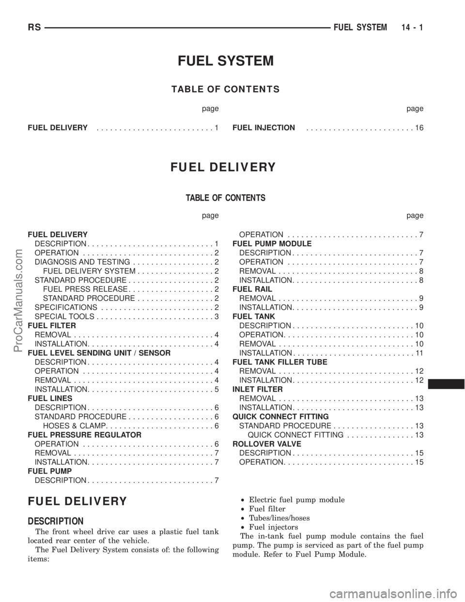 DODGE TOWN AND COUNTRY 2001 Service Manual FUEL SYSTEM
TABLE OF CONTENTS
page page
FUEL DELIVERY..........................1FUEL INJECTION........................16
FUEL DELIVERY
TABLE OF CONTENTS
page page
FUEL DELIVERY
DESCRIPTION............ DODGE TOWN AND COUNTRY 2001 Service Manual FUEL SYSTEM
TABLE OF CONTENTS
page page
FUEL DELIVERY..........................1FUEL INJECTION........................16
FUEL DELIVERY
TABLE OF CONTENTS
page page
FUEL DELIVERY
DESCRIPTION............