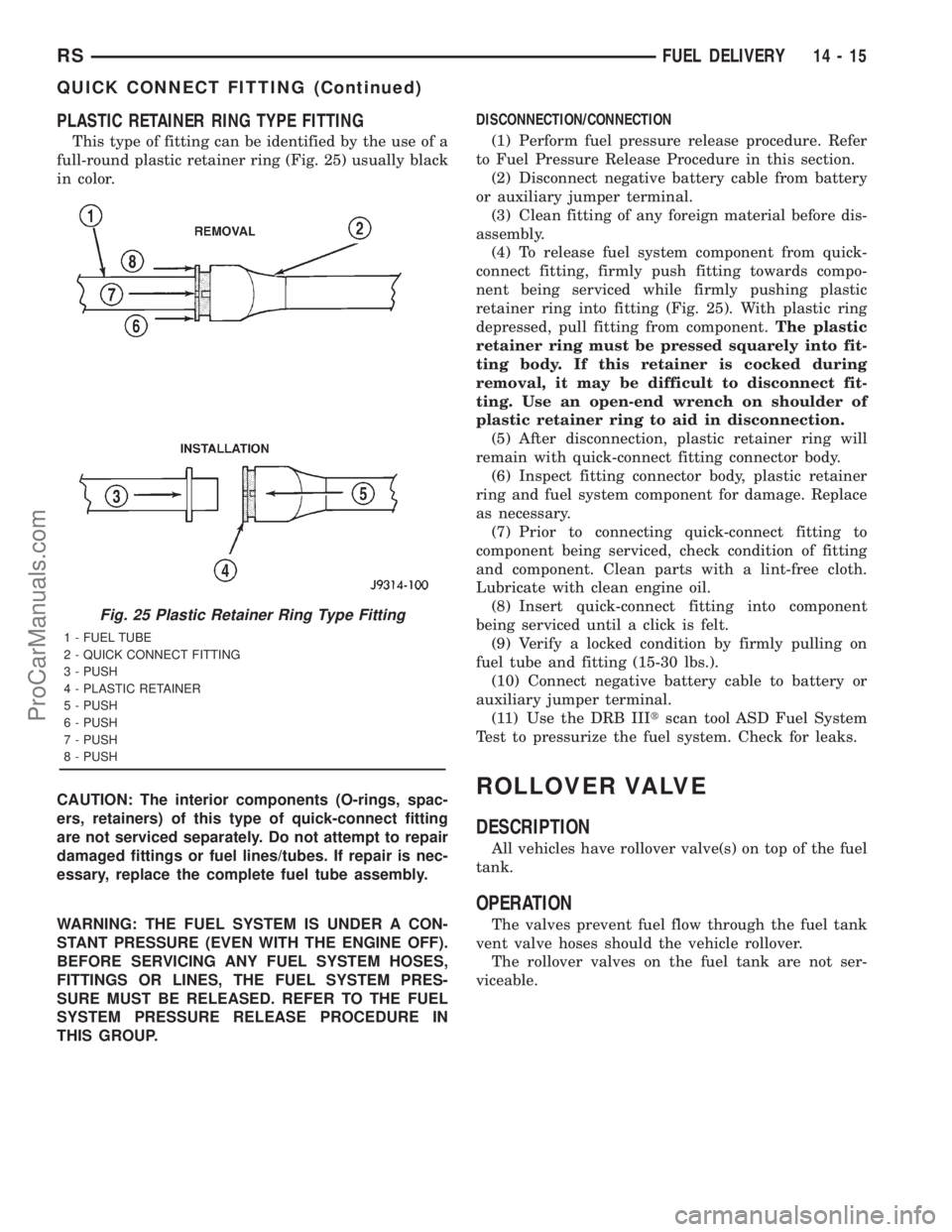 DODGE TOWN AND COUNTRY 2001 Service Manual PLASTIC RETAINER RING TYPE FITTING
This type of fitting can be identified by the use of a
full-round plastic retainer ring (Fig. 25) usually black
in color.
CAUTION: The interior components (O-rings, DODGE TOWN AND COUNTRY 2001 Service Manual PLASTIC RETAINER RING TYPE FITTING
This type of fitting can be identified by the use of a
full-round plastic retainer ring (Fig. 25) usually black
in color.
CAUTION: The interior components (O-rings,